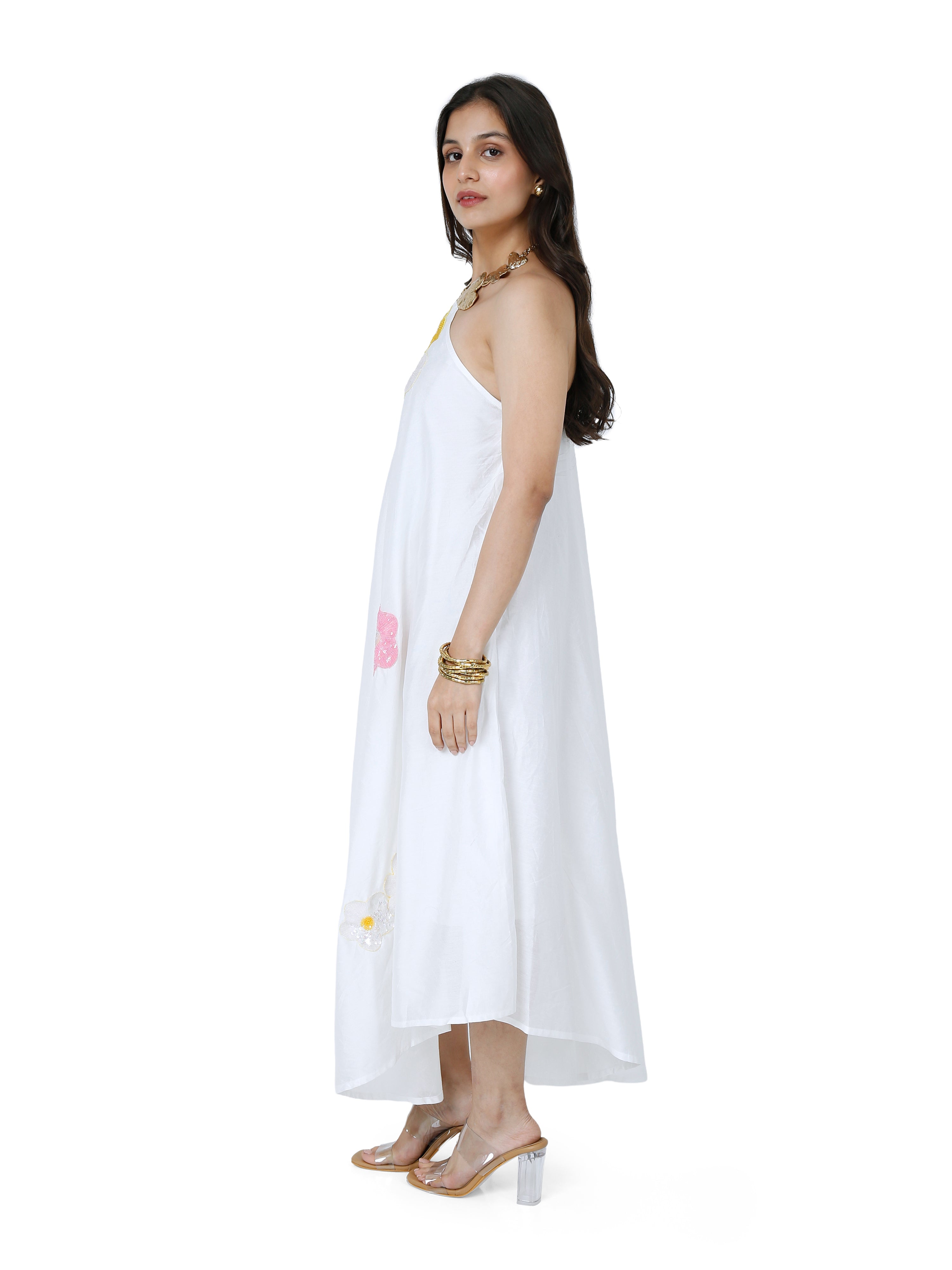 Ivory Petal Chanderi Dress with Floral Hand Embroidery