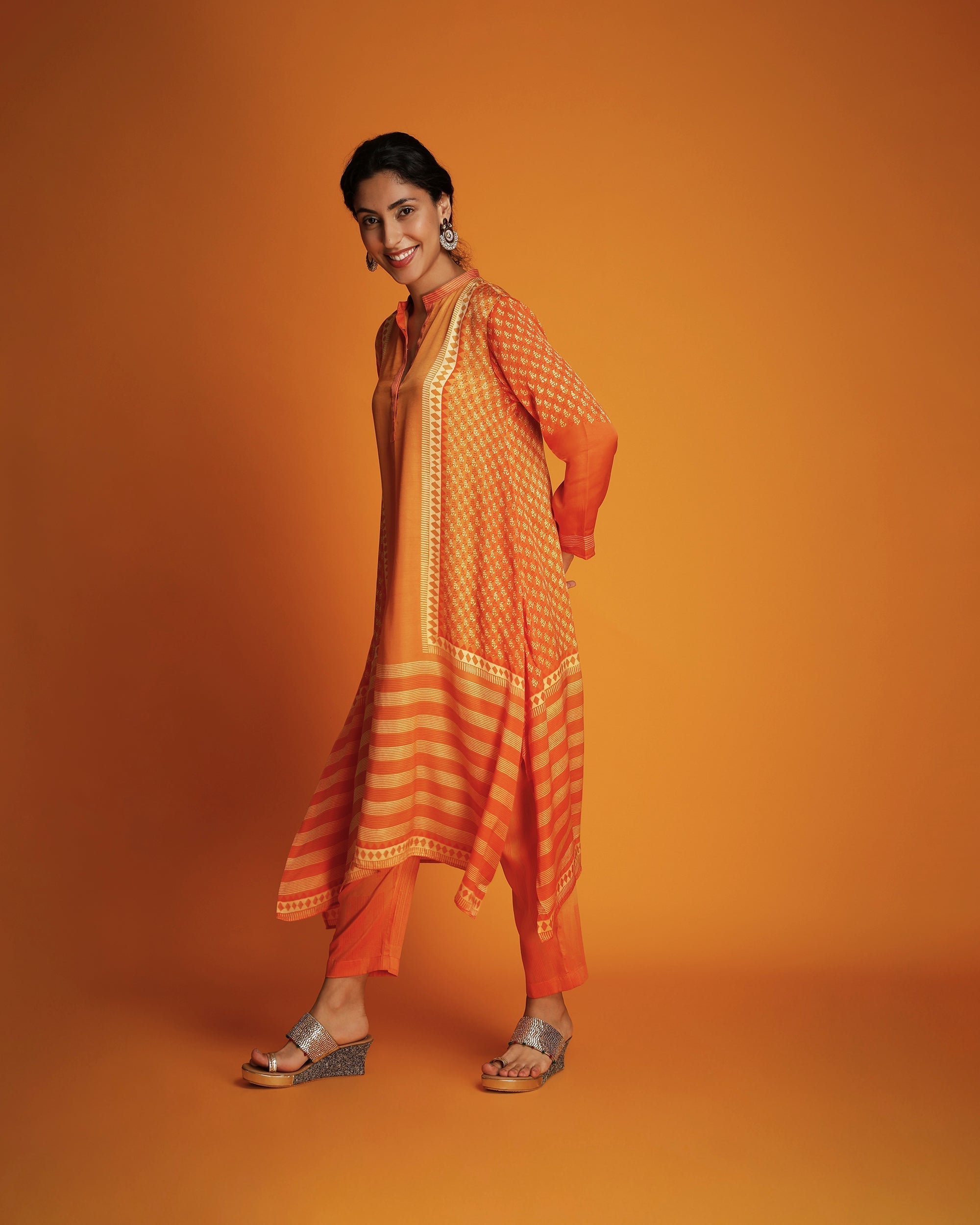Orange ombre block printed tunic set