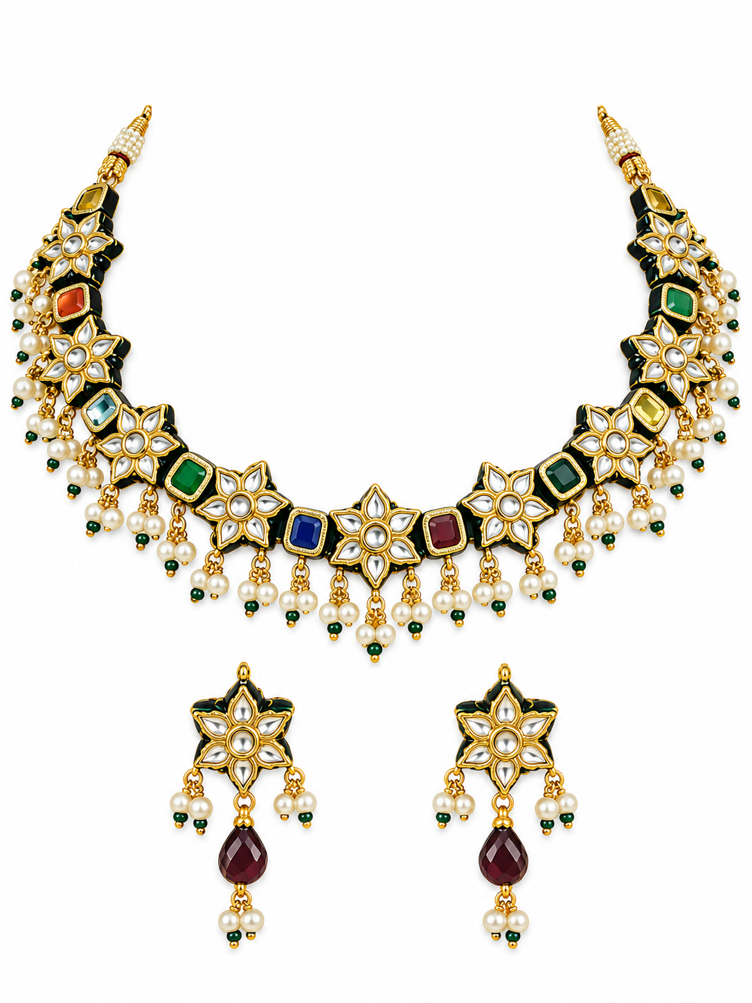 Navratna Kundan Floral Necklace and Earring Set