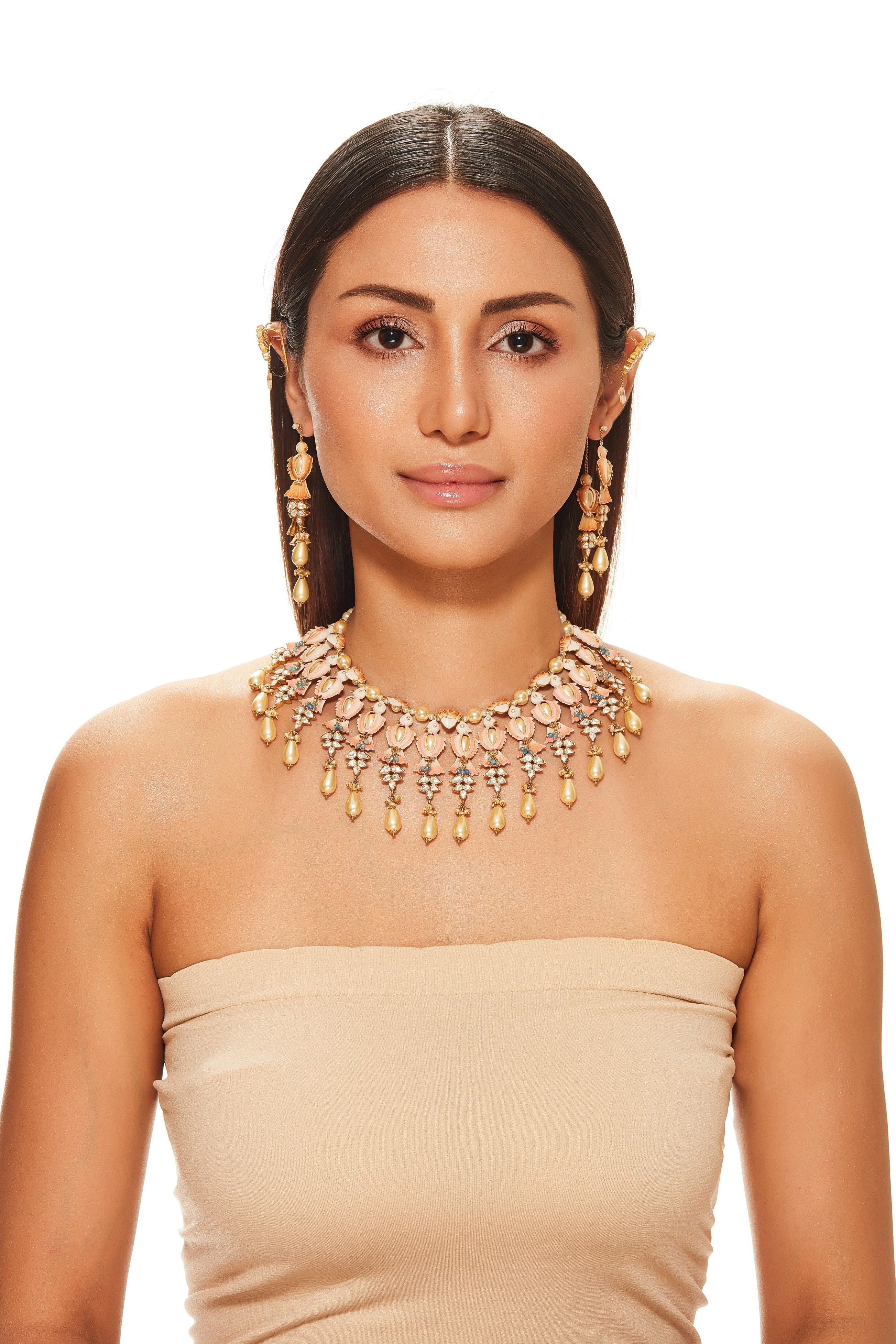 Peach & Pearl Bird Necklace set