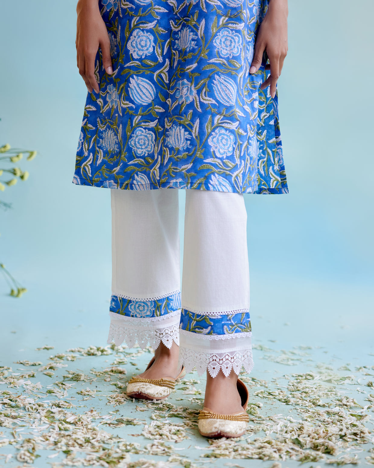 Indigo Muse Cotton Kurta with delicate lace detailing with Narrow Pants