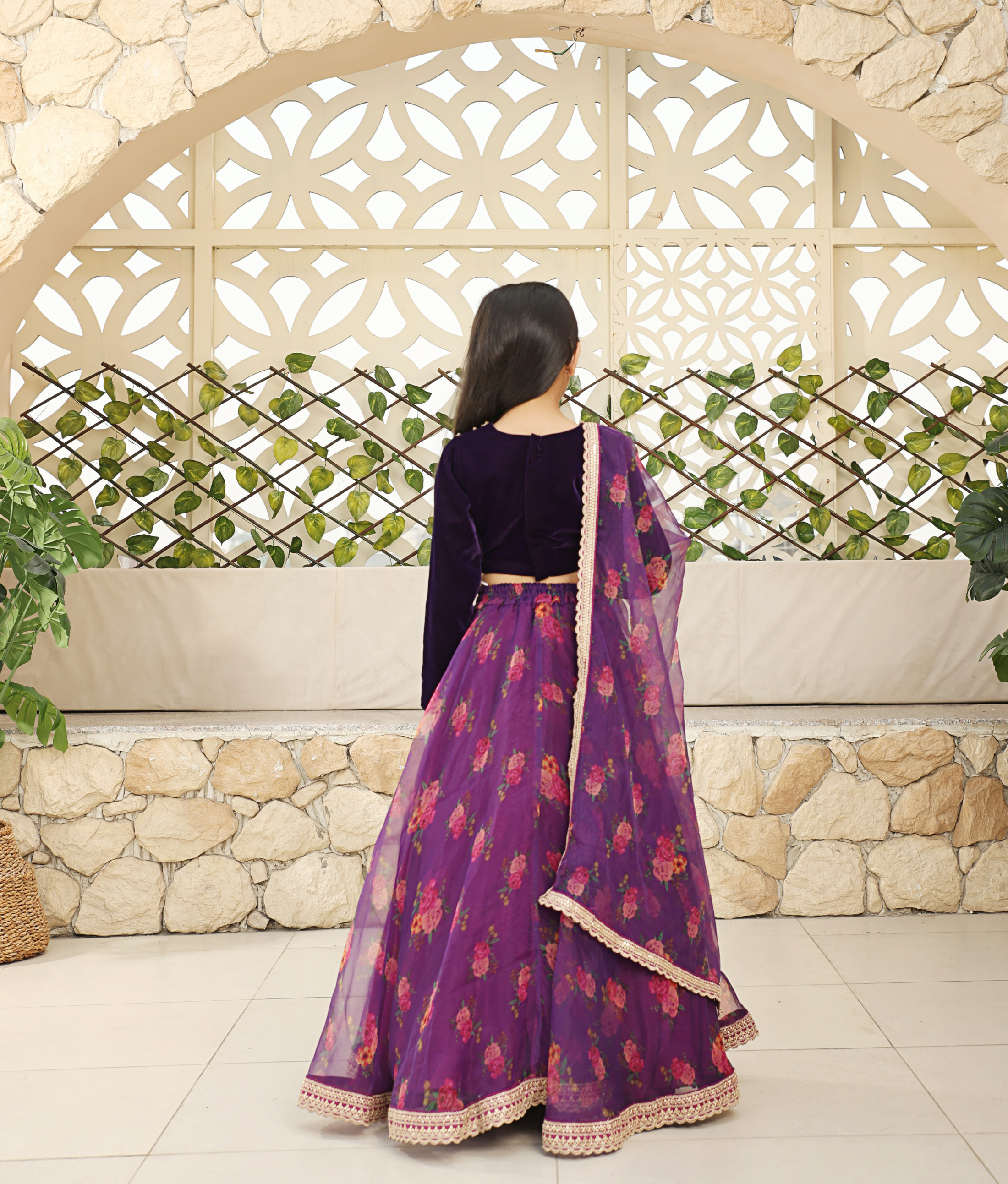 Purple Velvet Choli with Printed Lehenga
