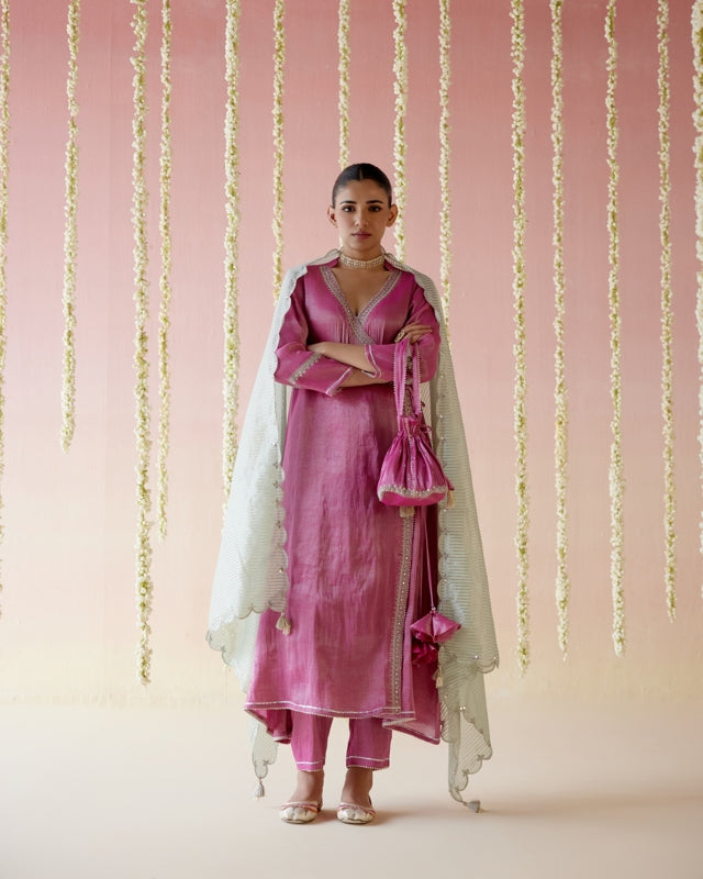 Fuschia Pink Tissue Angarakha with
Narrow Pants & Dupatta - Set of 3