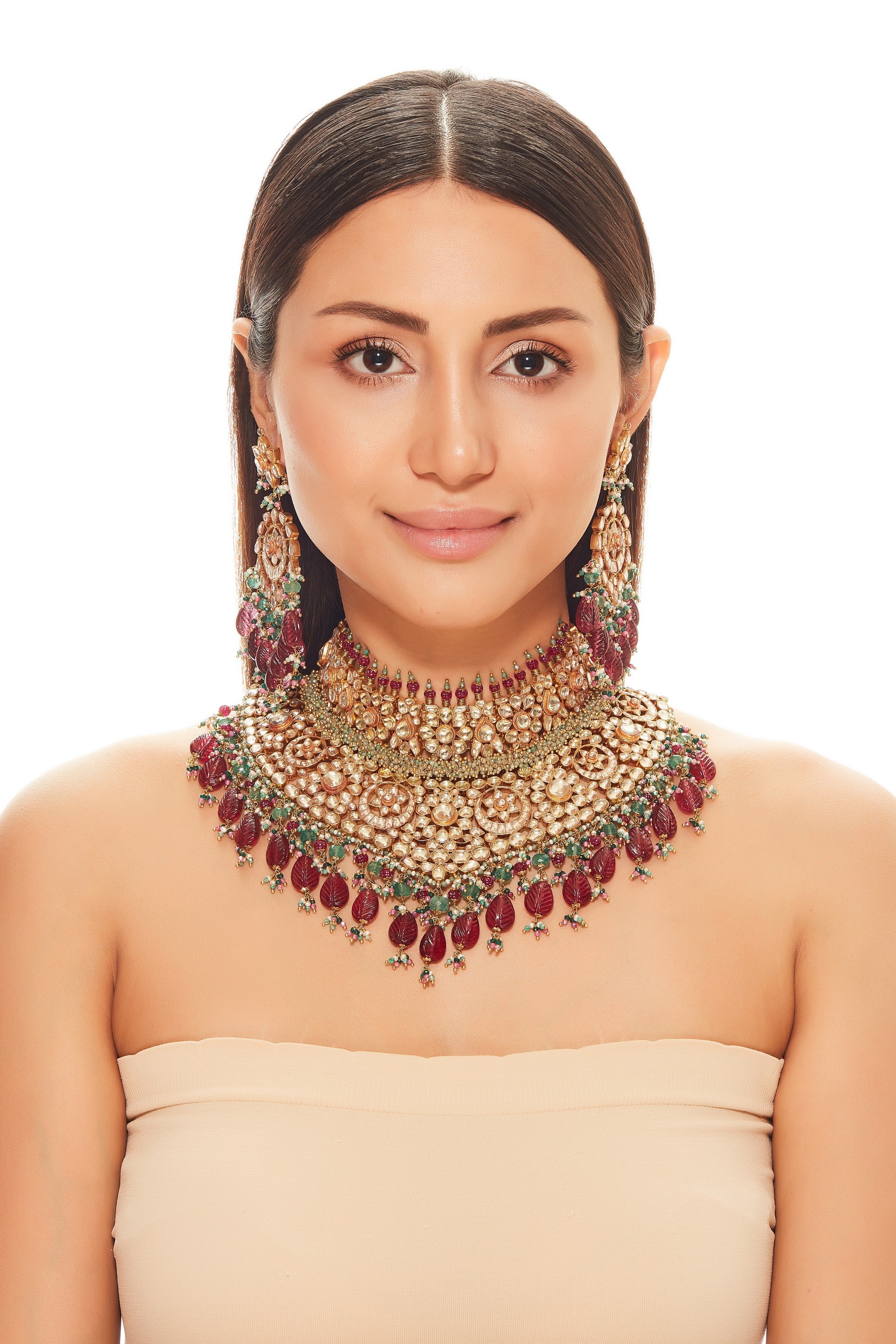 Maroon Carved Stone Necklace Set