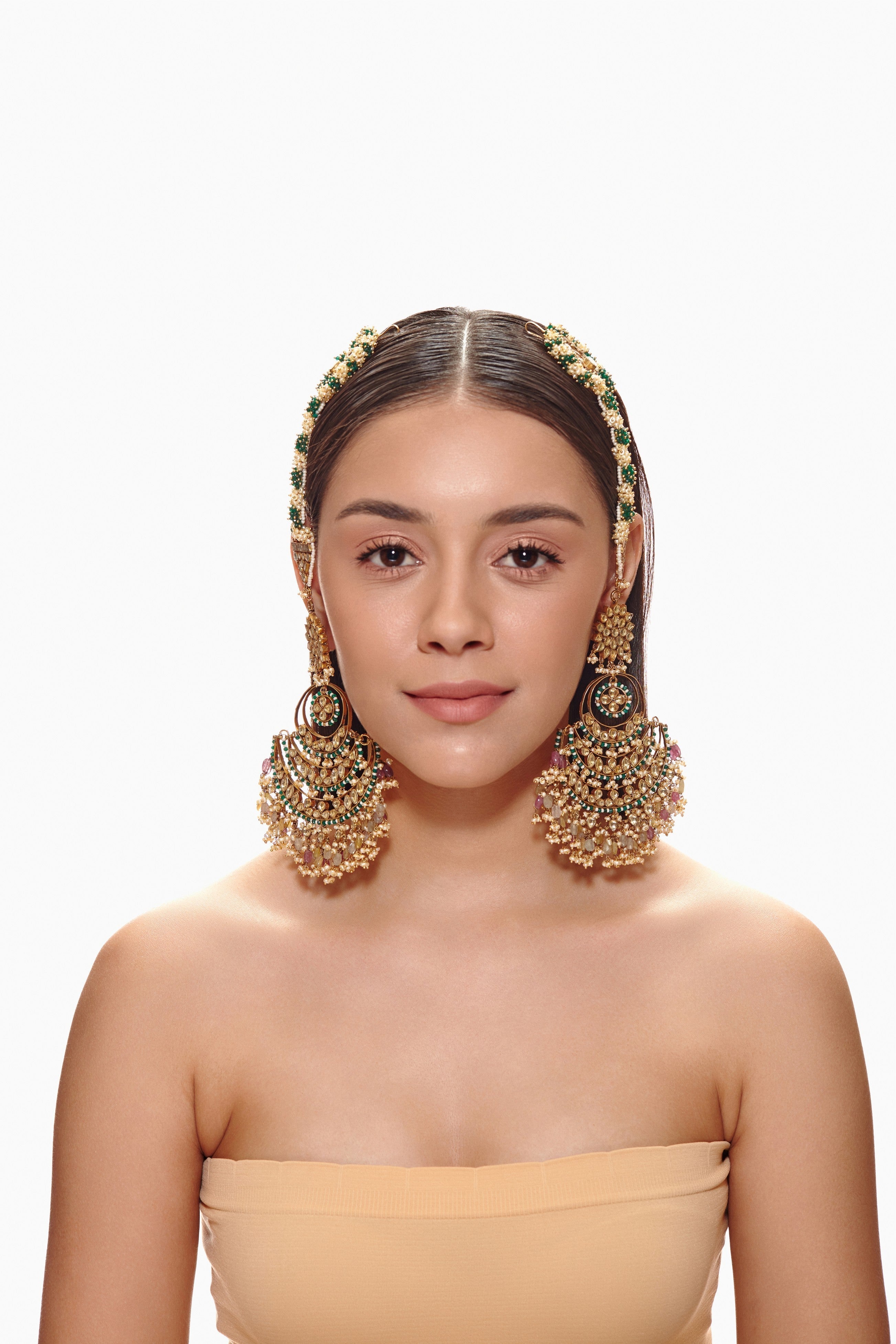 Multi sapphire pearl kundan chaandbali earrings