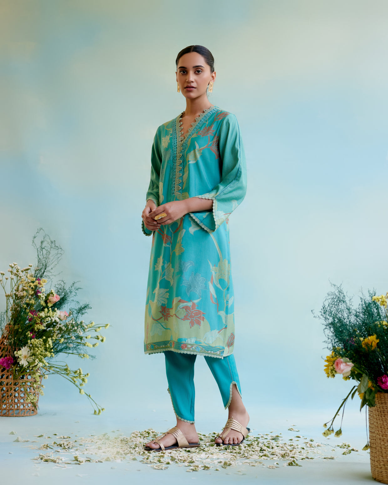 Peacock Blue Printer Kurta with delicate lace detailing with Tulip Pants and Dupatta