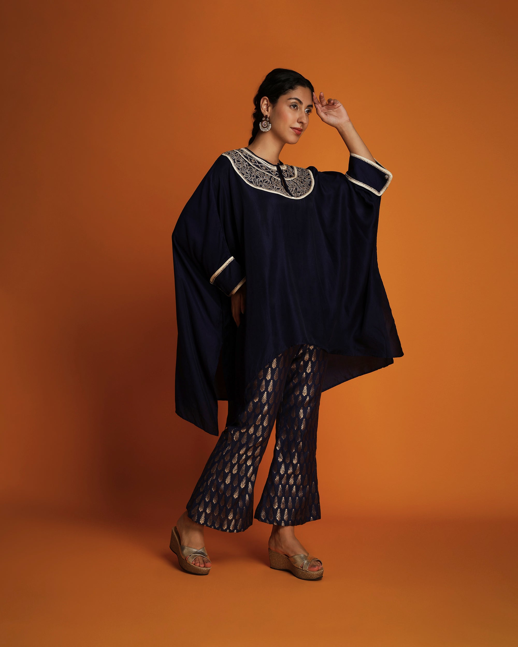 Indigo embroidered kaftan tunic
