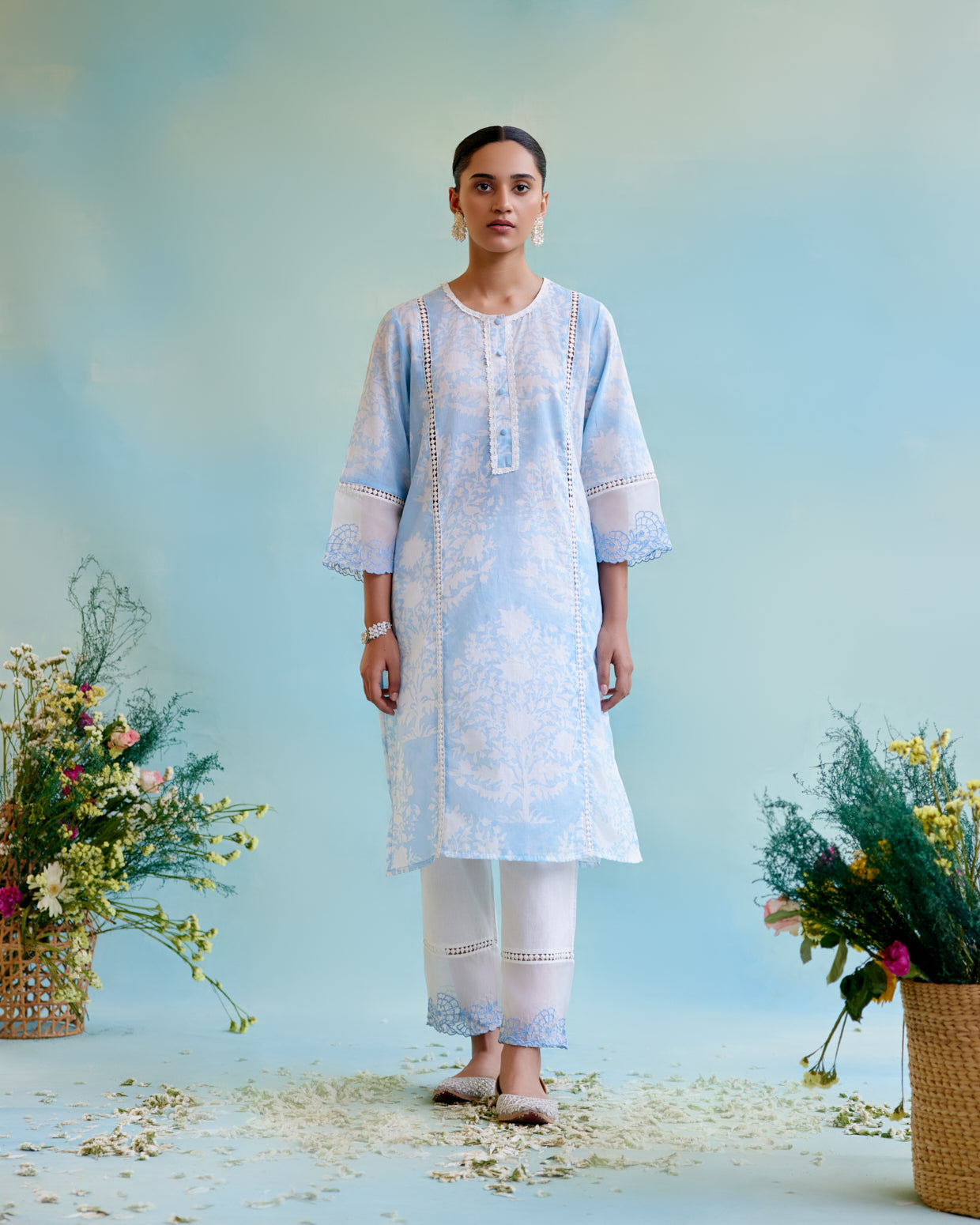 Blue Lily Hand Block Kurta with Lace Detailing and Embroidered Sleeves