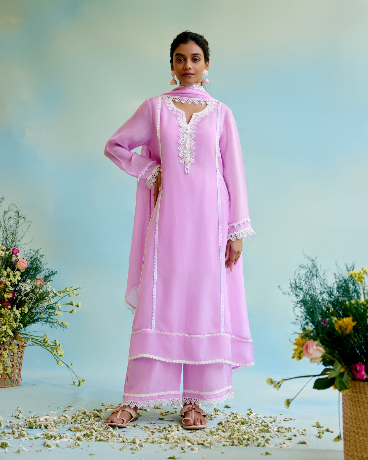 Lilac Glory Organza Anarkali Kurta with Lace Detailing