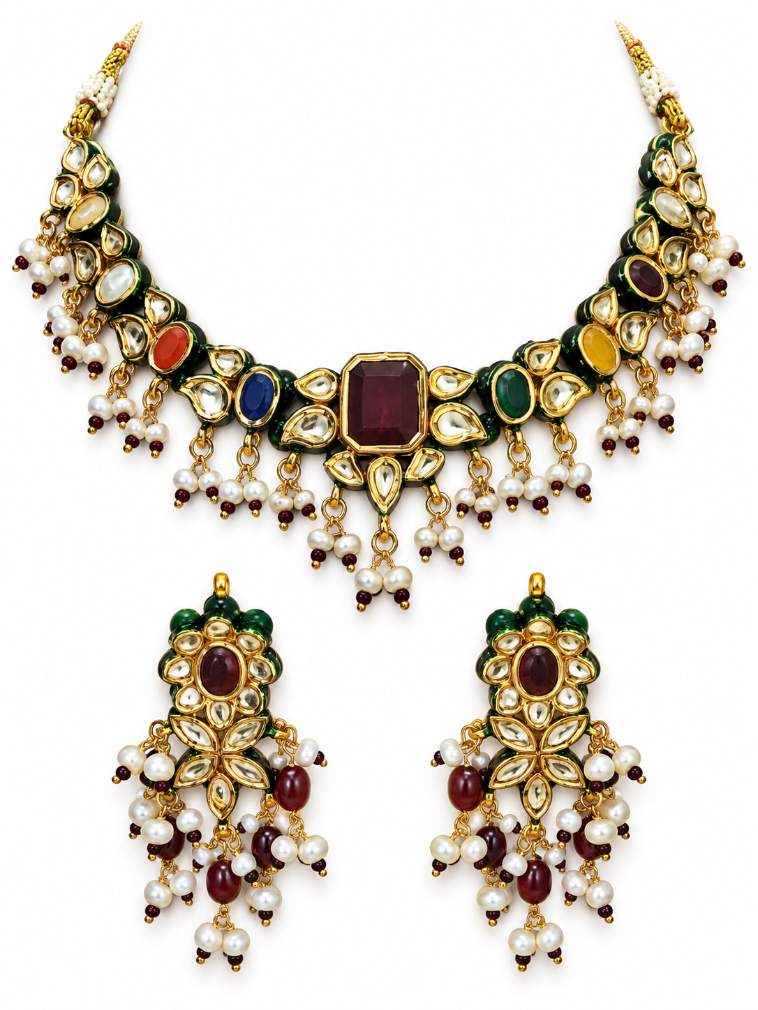 34 Navratna Kundan Pearl Necklace Set