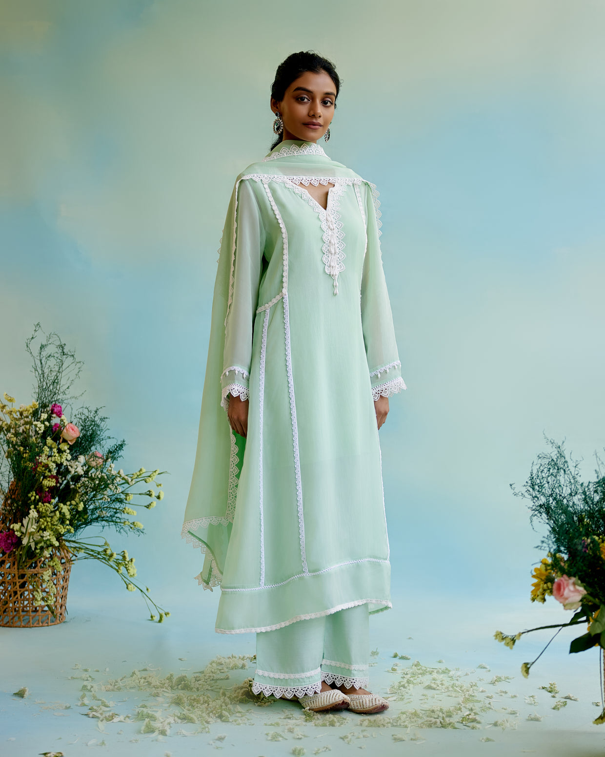Mint Frost Organza Anarkali Kurta with Lace Detailing