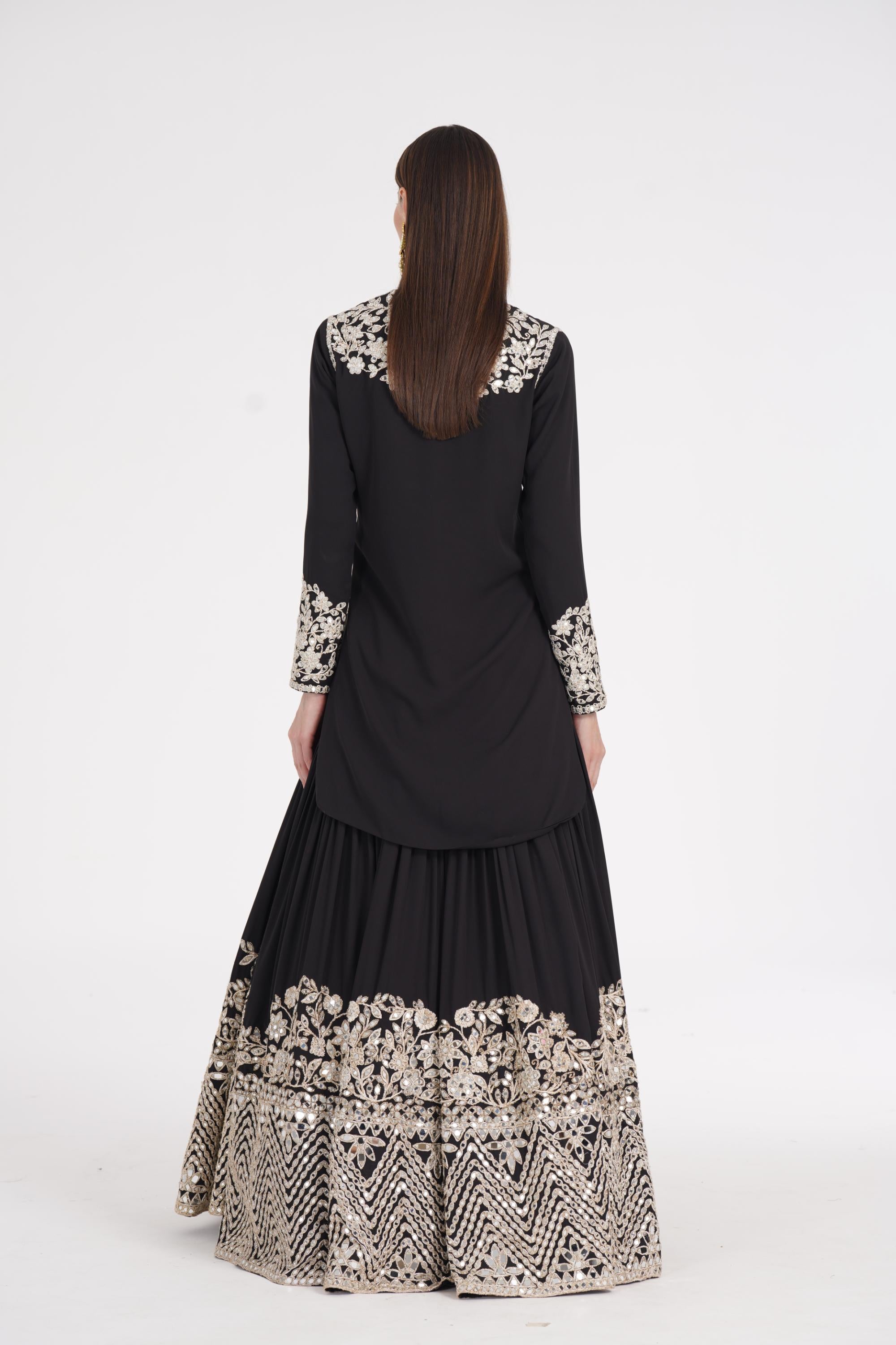 Carbon black kurti skirt embellished using ivory trims
