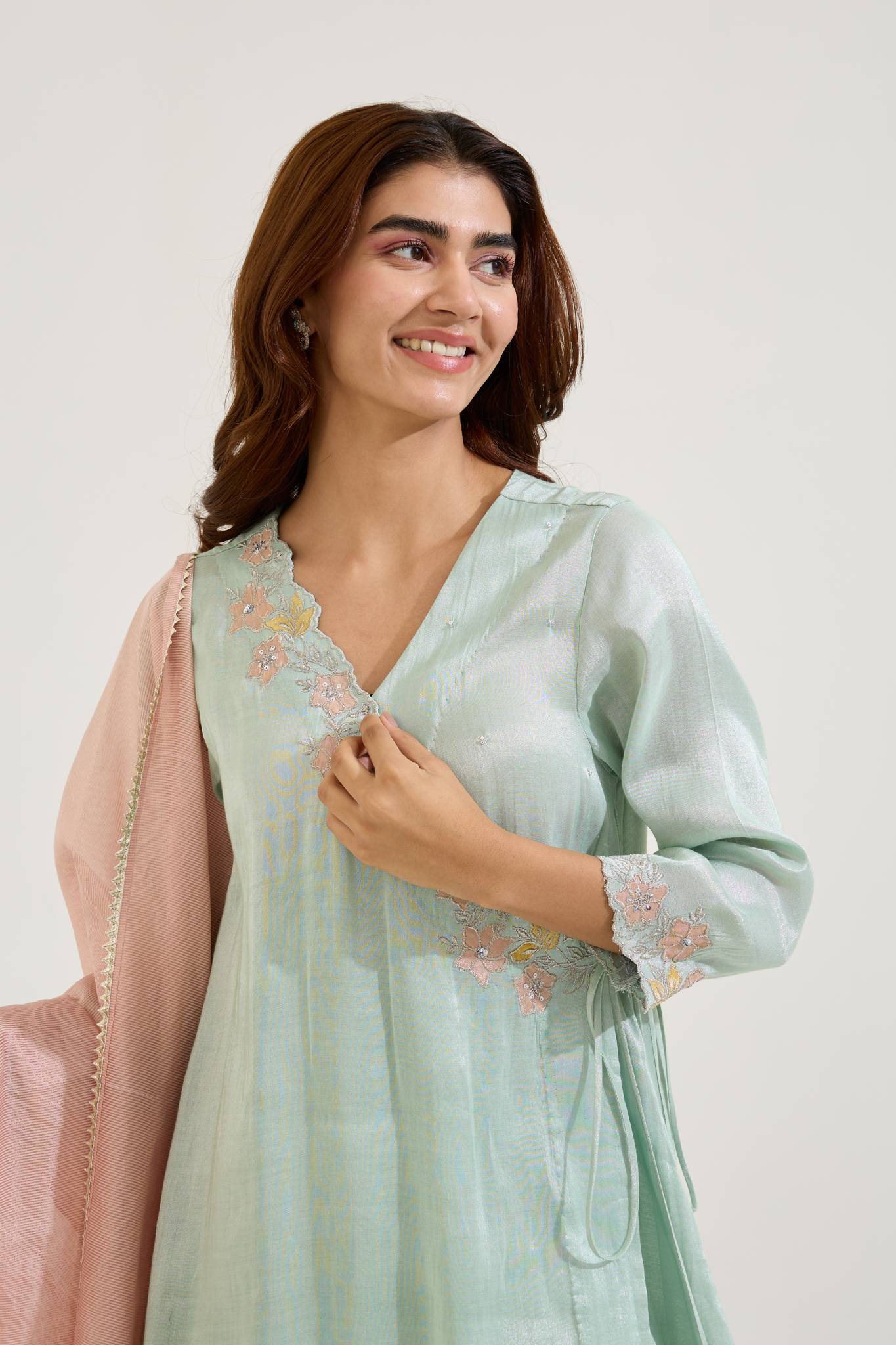 Mint Floral Zari Tissue Angrakha with Narrow Pants - Set of 2