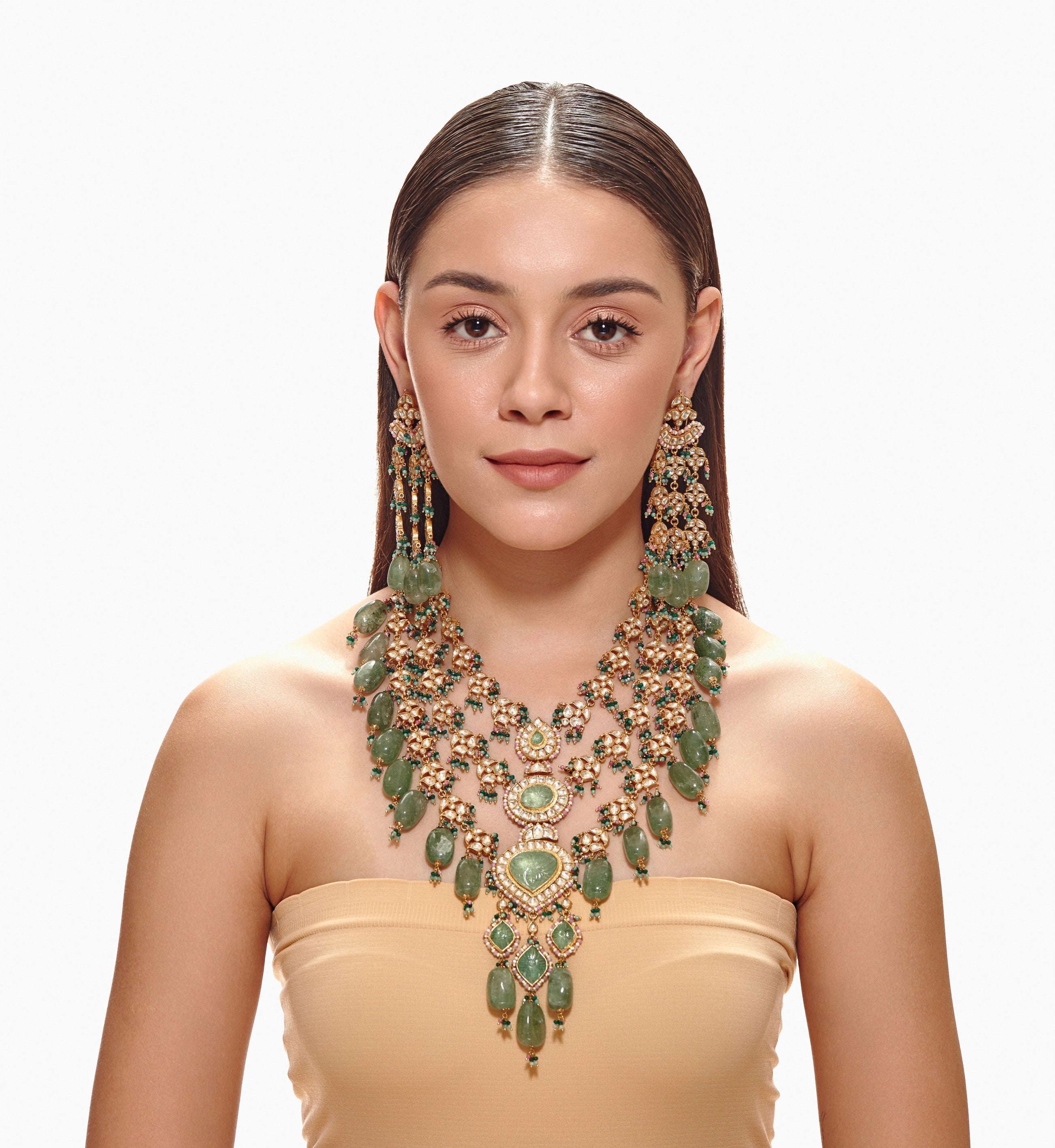 Carved Emerald and Kundan Necklace Set