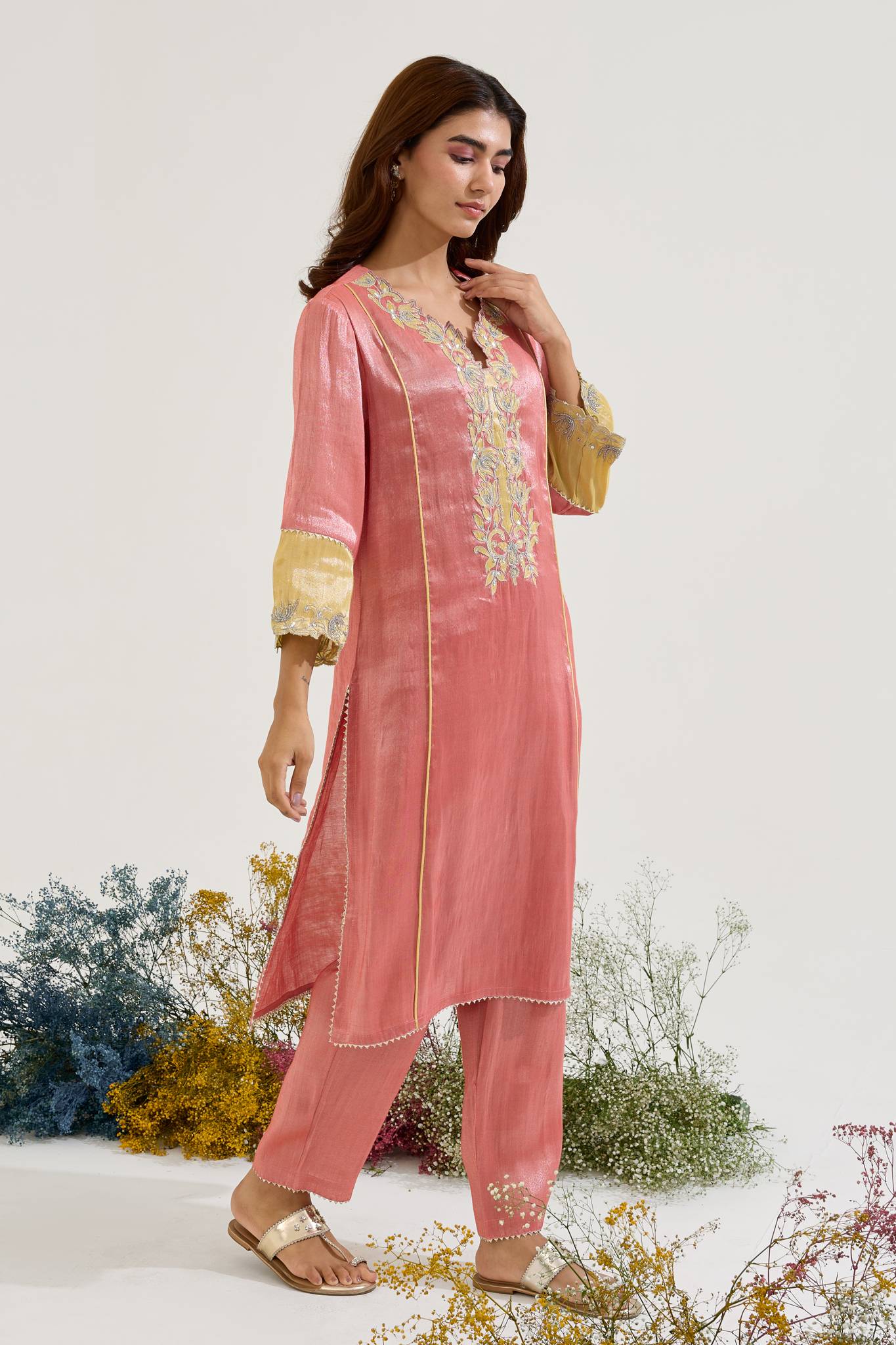 Red Lotus Applique Tissue Kurta with Narrow Pants - Set of 2