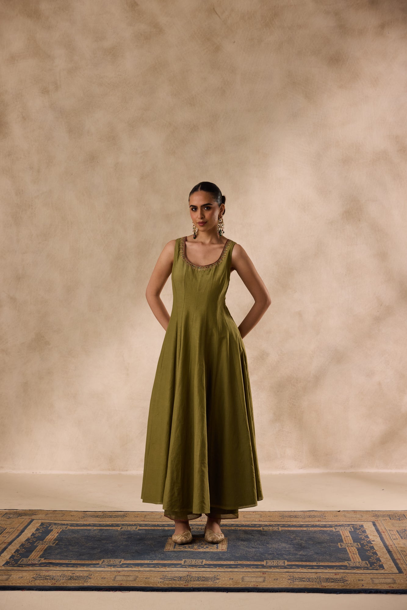 Mehendi green cotton silk dori work and resham embroiderd anarkali paired with pant & organza heavy border dupatta