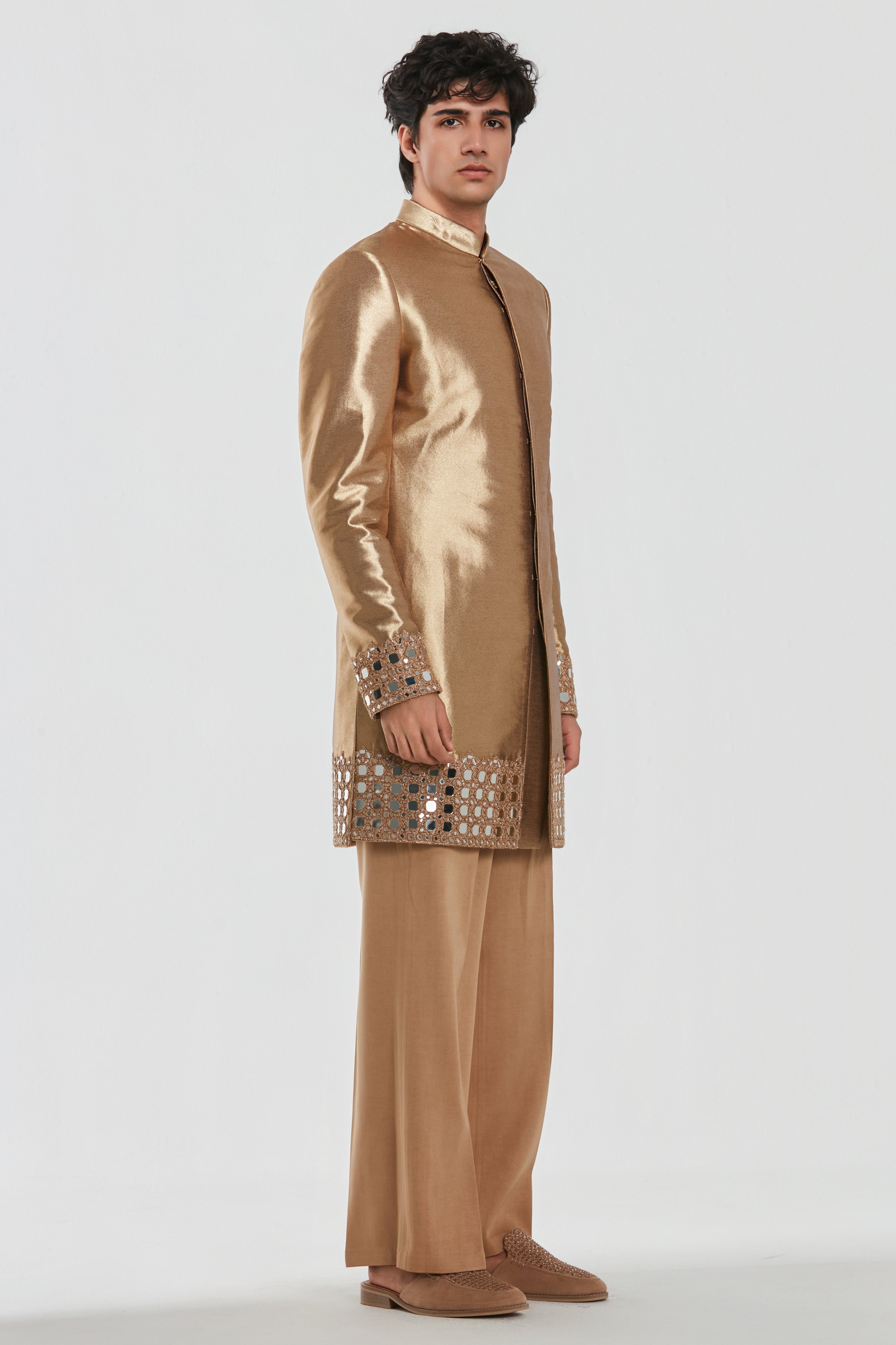 Kurta and stole - heavy chanderi ,sherwani - shimmer , pant -Cotton twill
