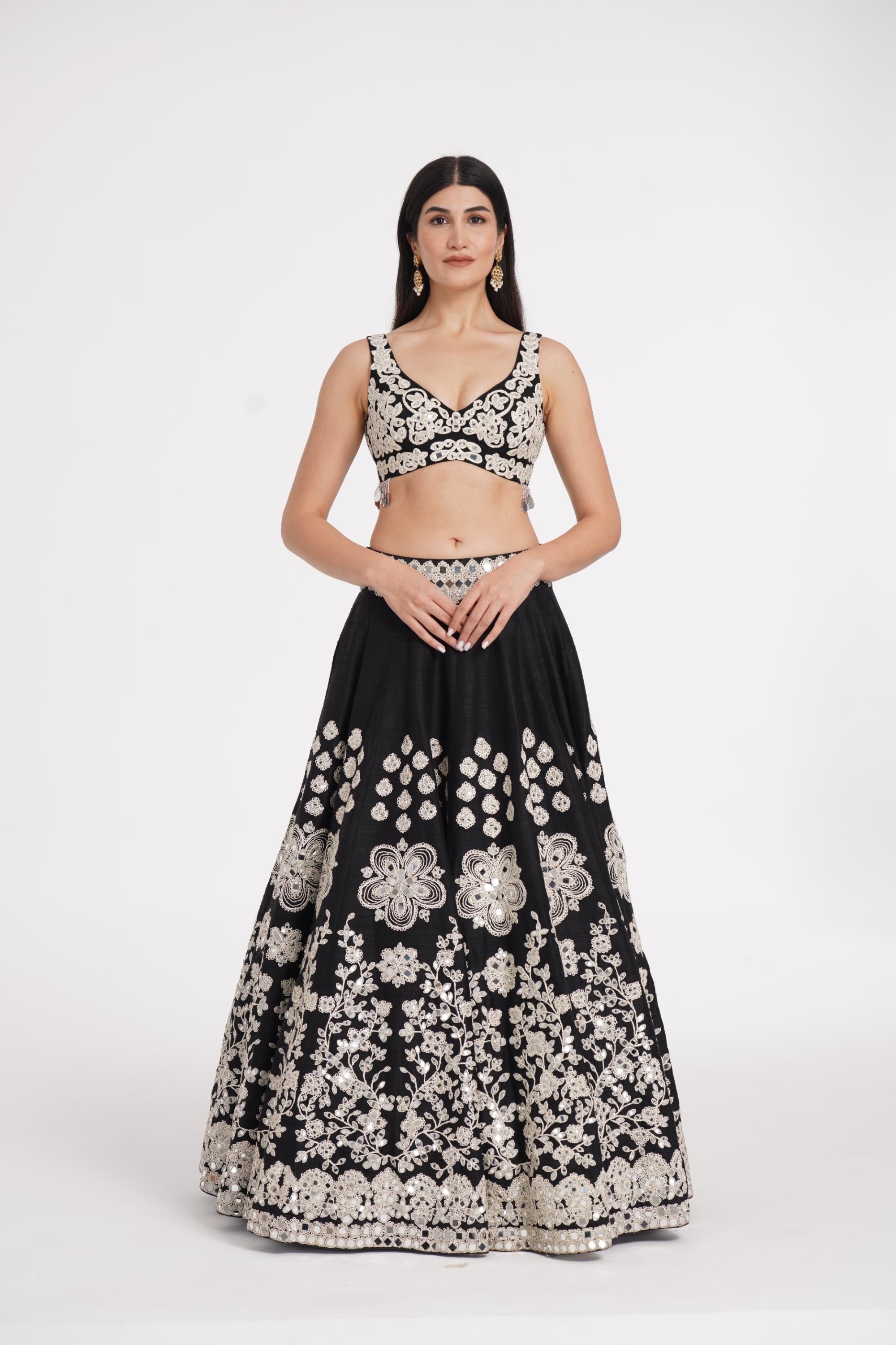 Jet black lehenga set embellished using ivory details