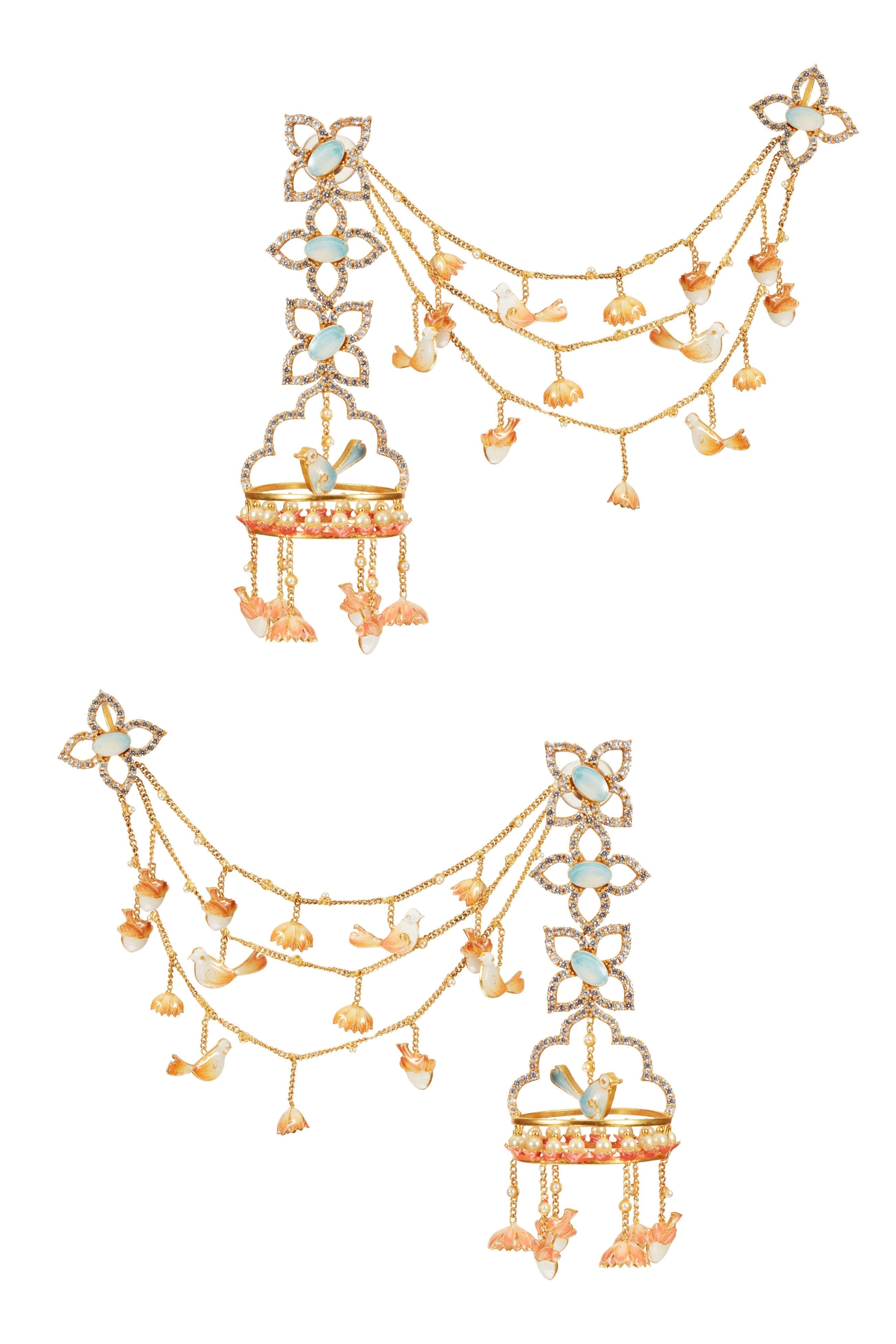 3 flower Earrings with Bird earchains