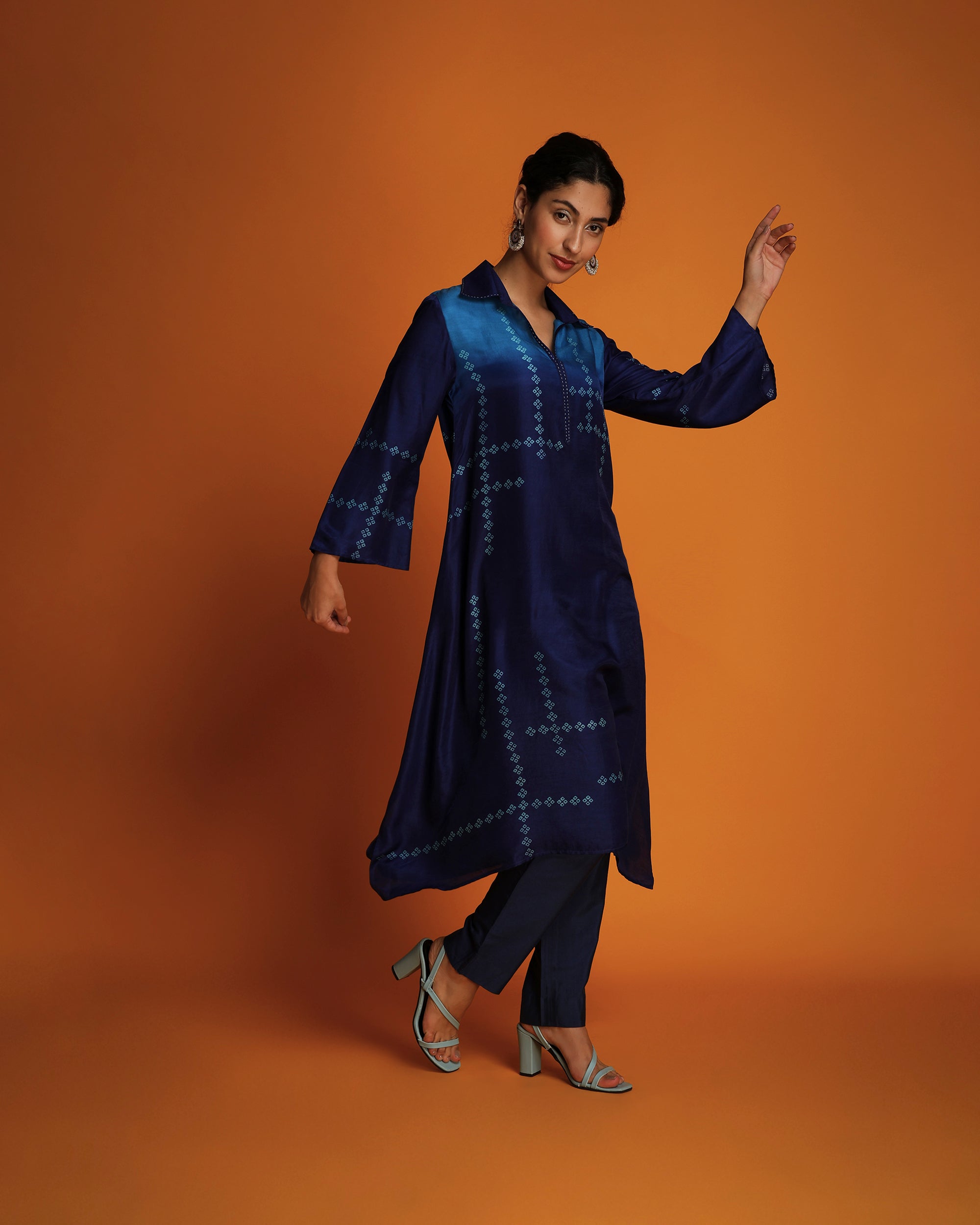 Indigo ombre block printed shirt tunic set
