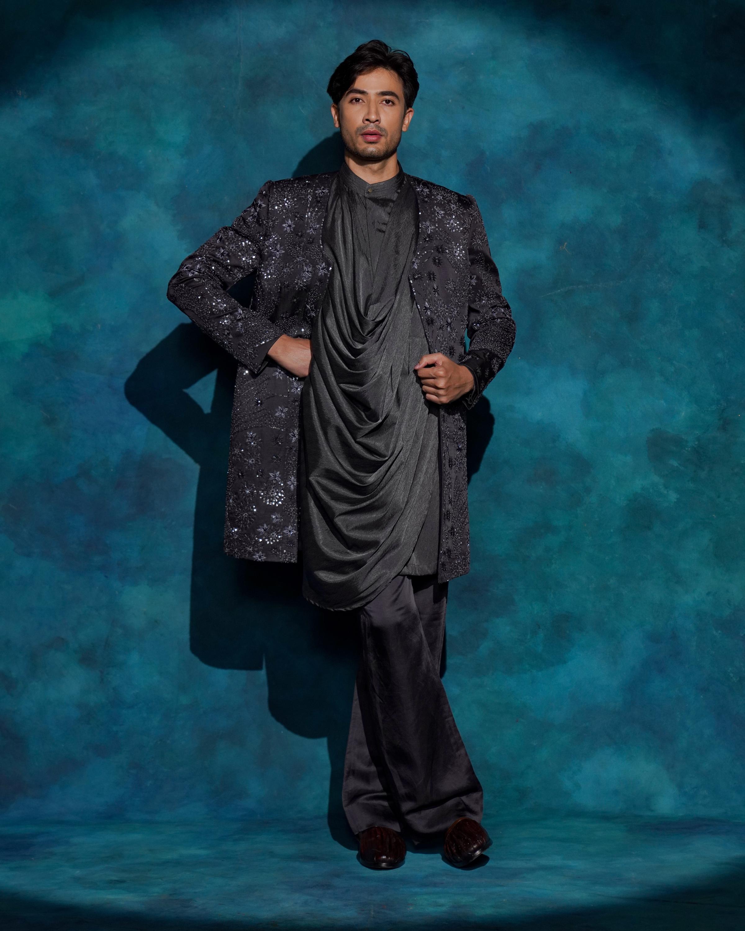 Charcoal Gray hand embroidered contemporary jacket set
