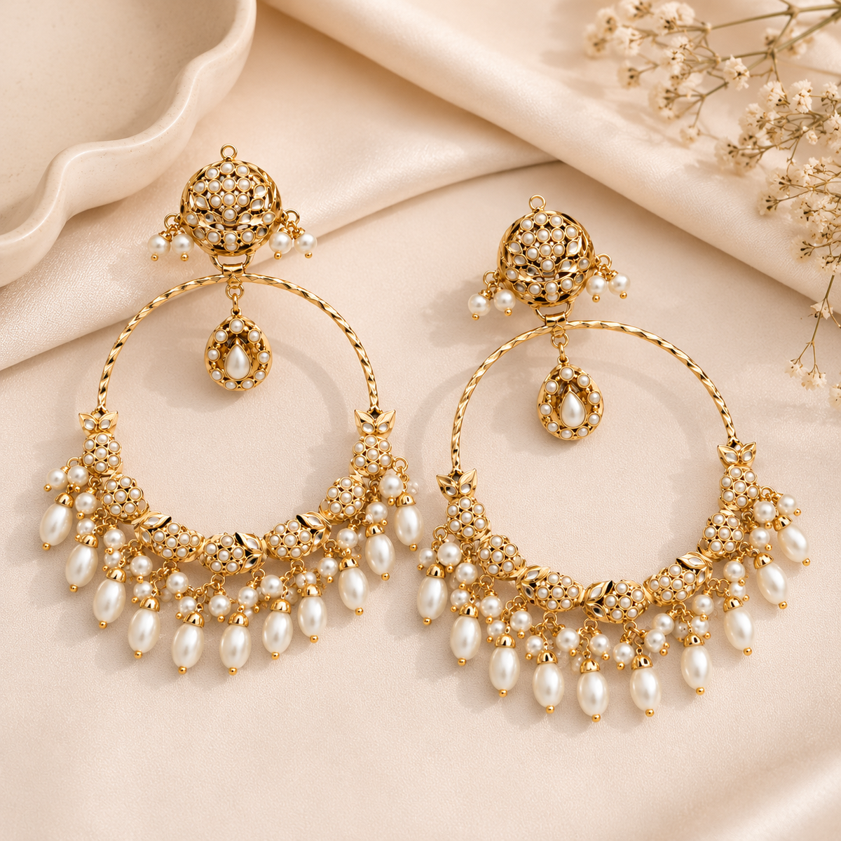 Jadau Pearl Embellished Oversized Hoop Earrings