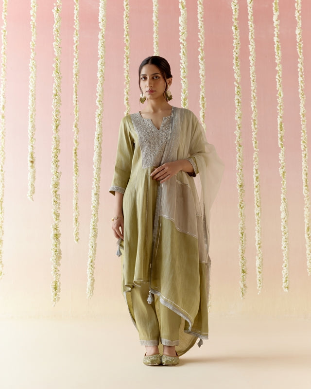 Moss Pearl Tissue Anarkali with
narrow Pants & Dupatta - Set of 3