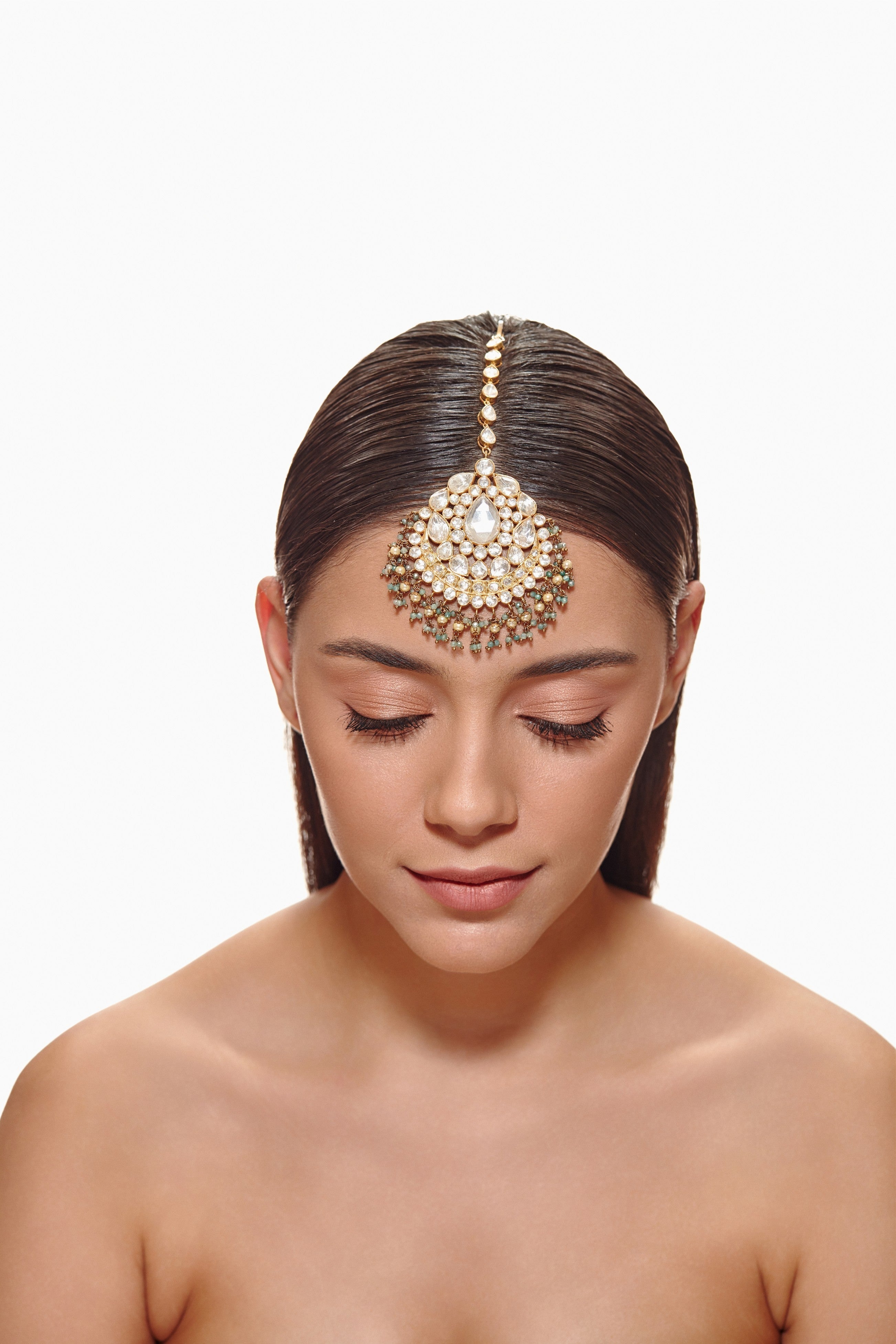 92.5 silver Mint Green and pearl Polki Tikka