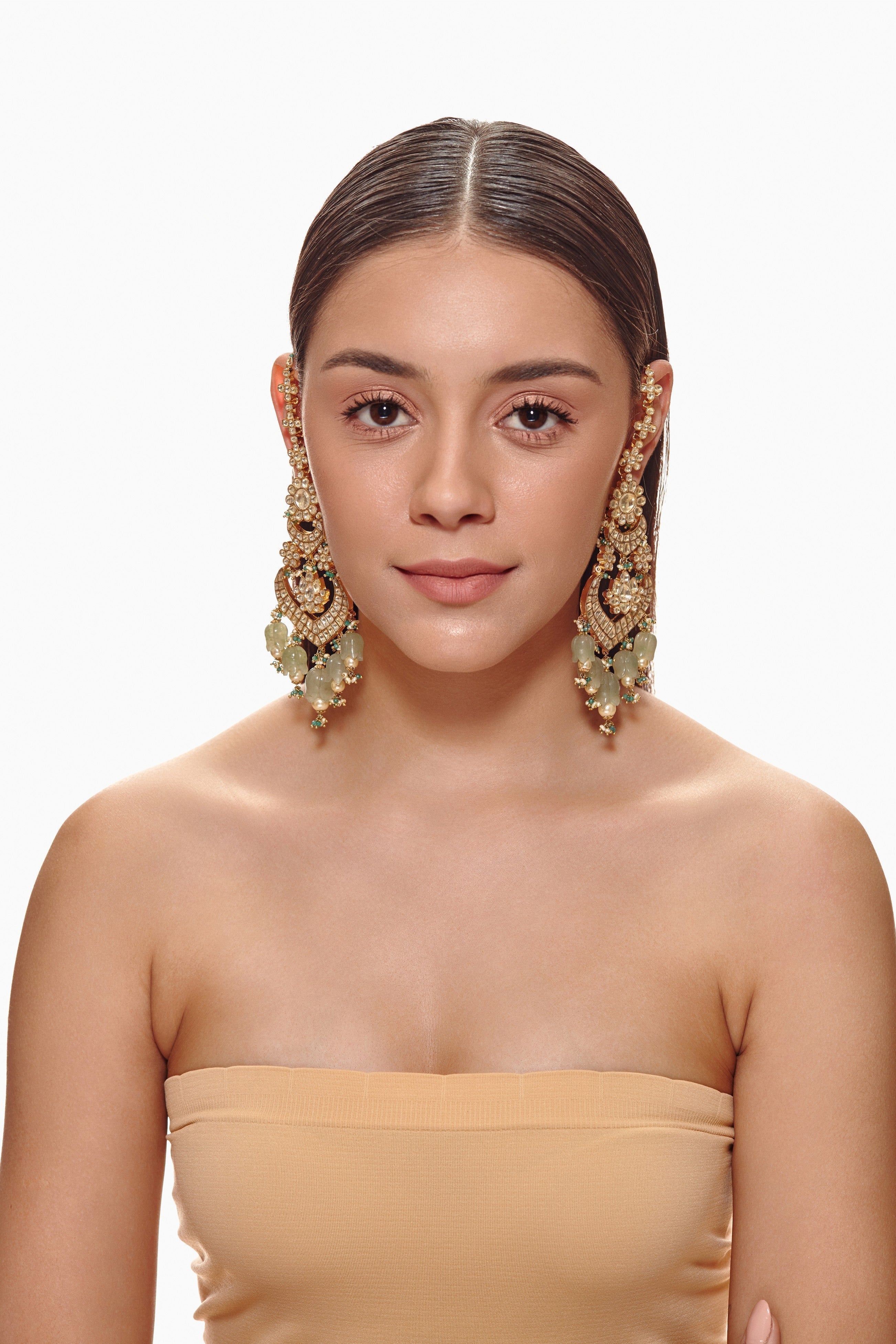 Kundan and green carved tulip chaandbali