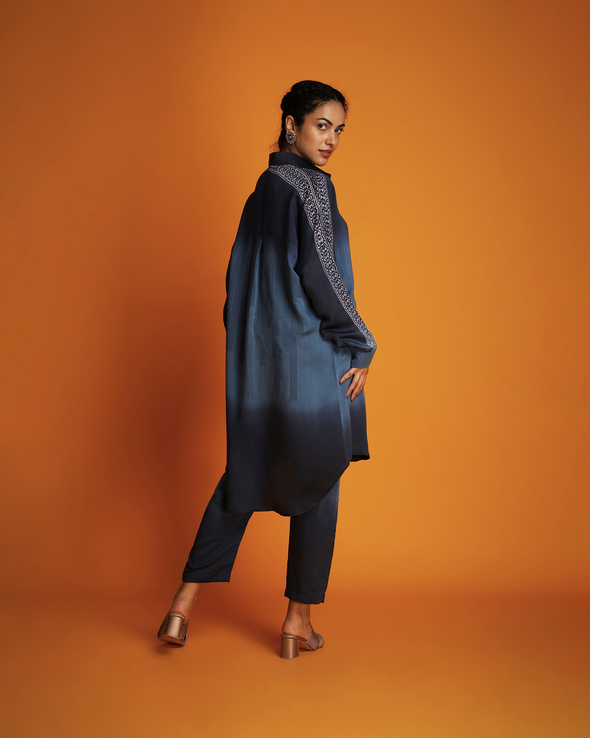 Navy ombre block printed shirt tunic set