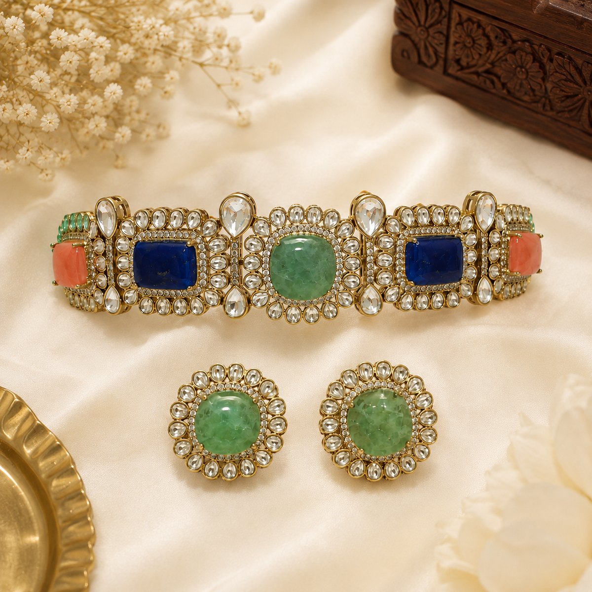 Multicolour Semi-Precious Stone Kundan Choker Set