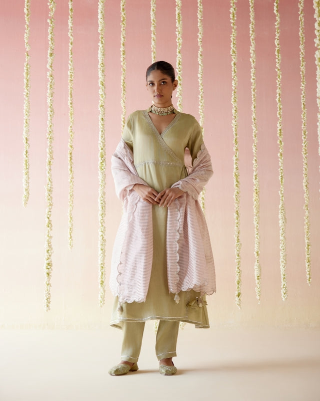 Moss Green Tissue Angarakha with Narrow Pants & Dupatta set - Set of 3