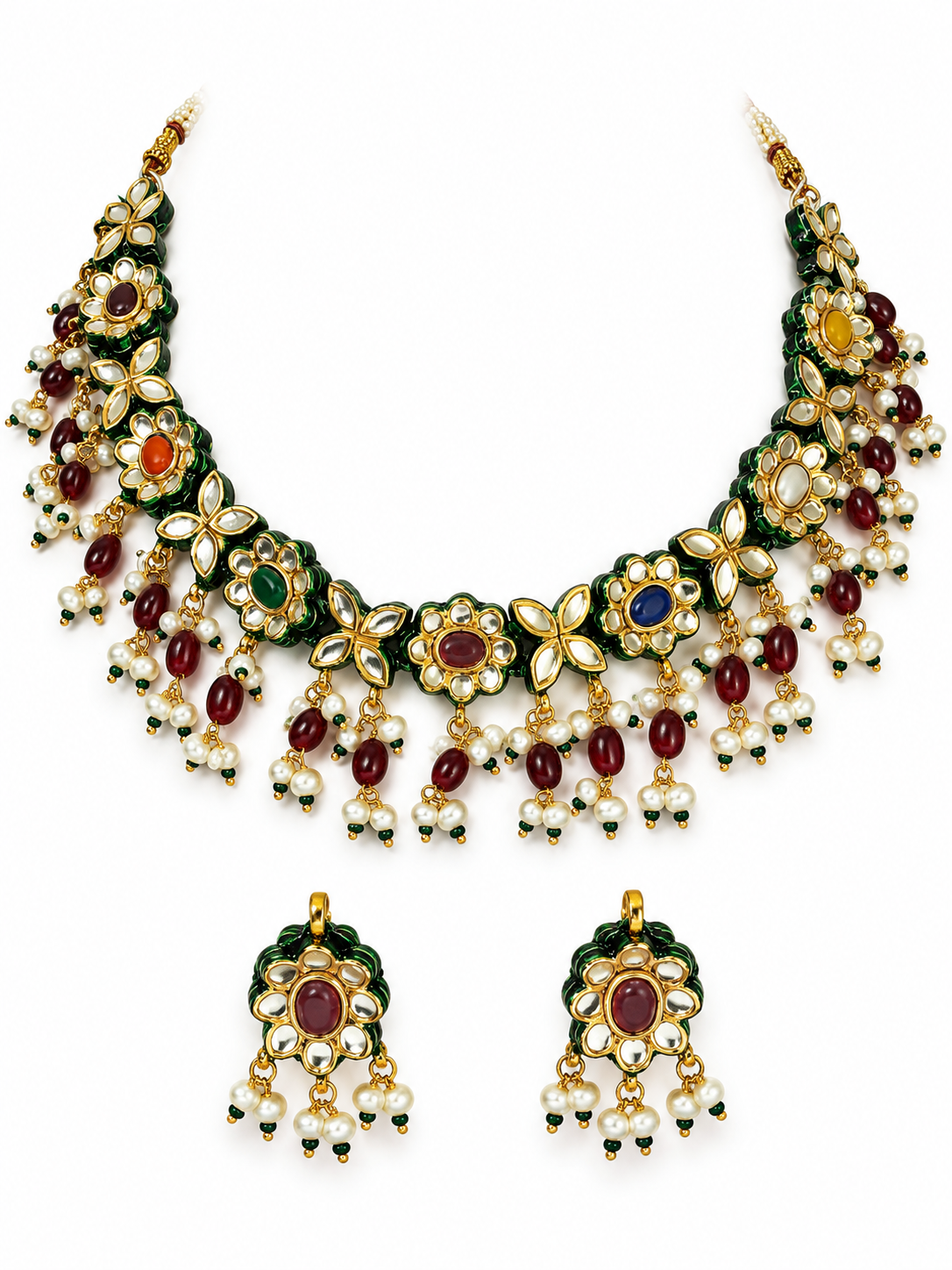 Navratna Kundan Floral Necklace Earring Set