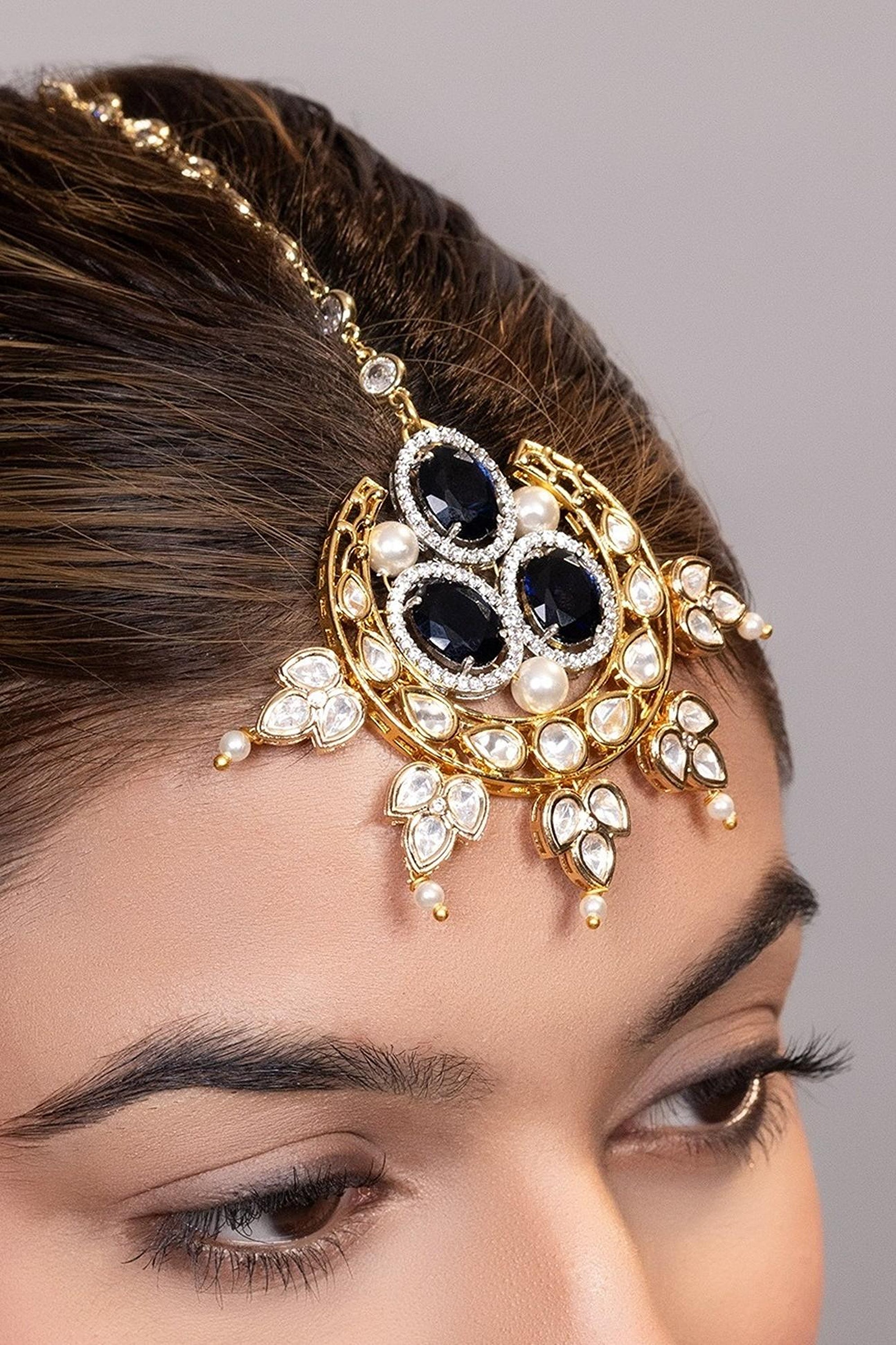 LE FAREEHA BLUE BEADS AND MOISSANITE STUDDED MAANGTIKKA