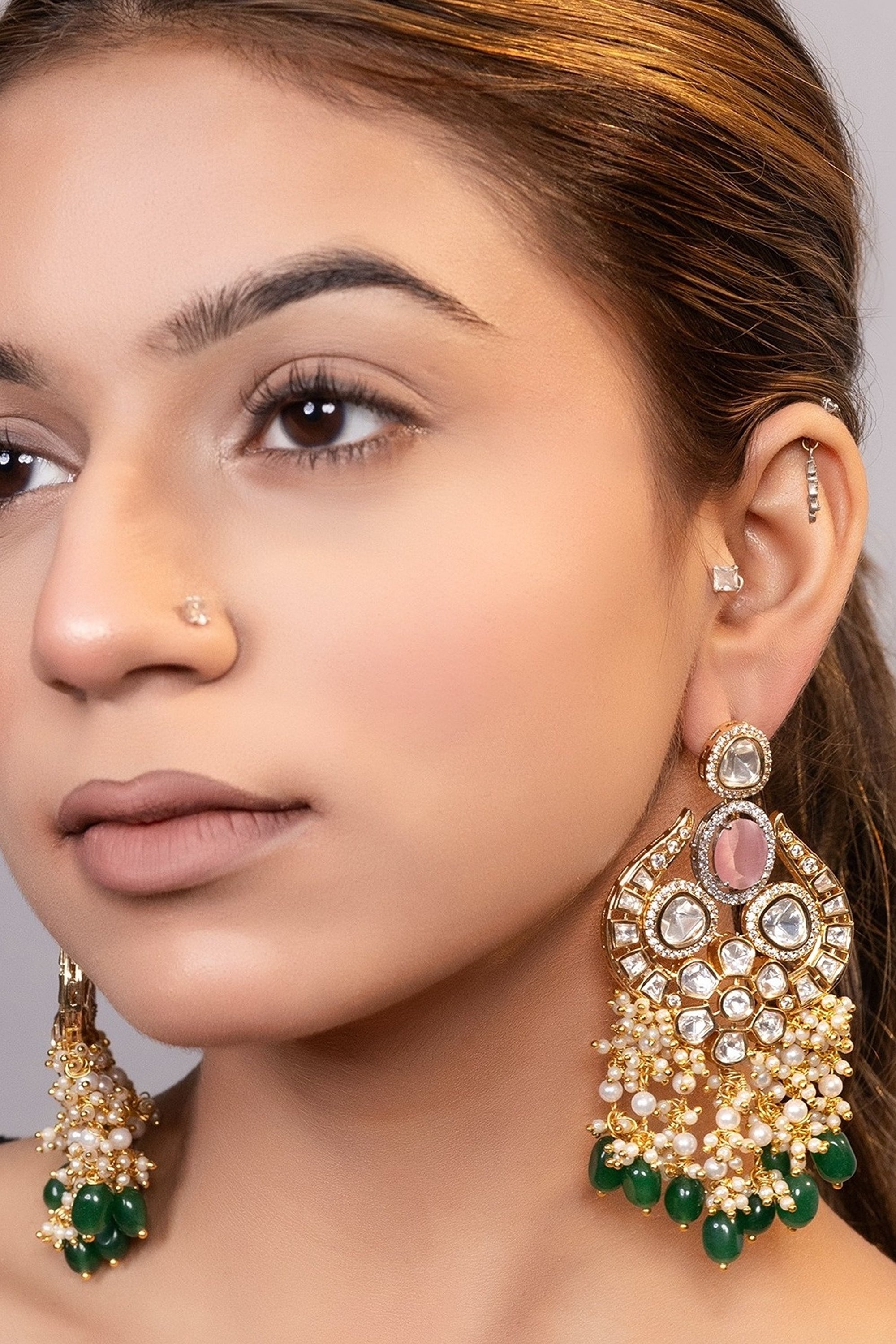LE MORTHA GOLD PLATED MOISSANITE AND PEARLS STUDDED EARRINGS