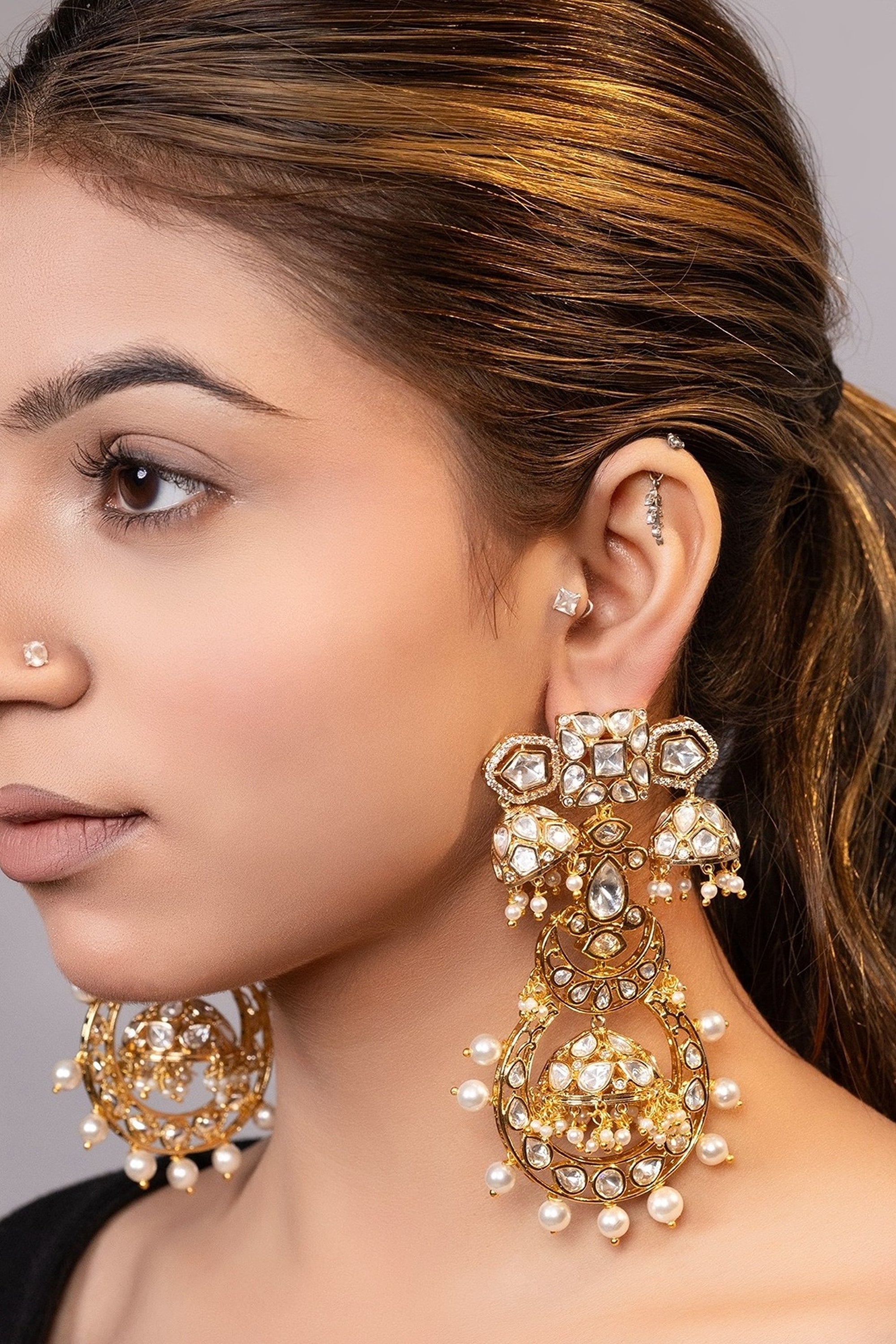 LE KARMA GOLD PLATED MOISSANITE AND PEARLS STUDDED EARRINGS