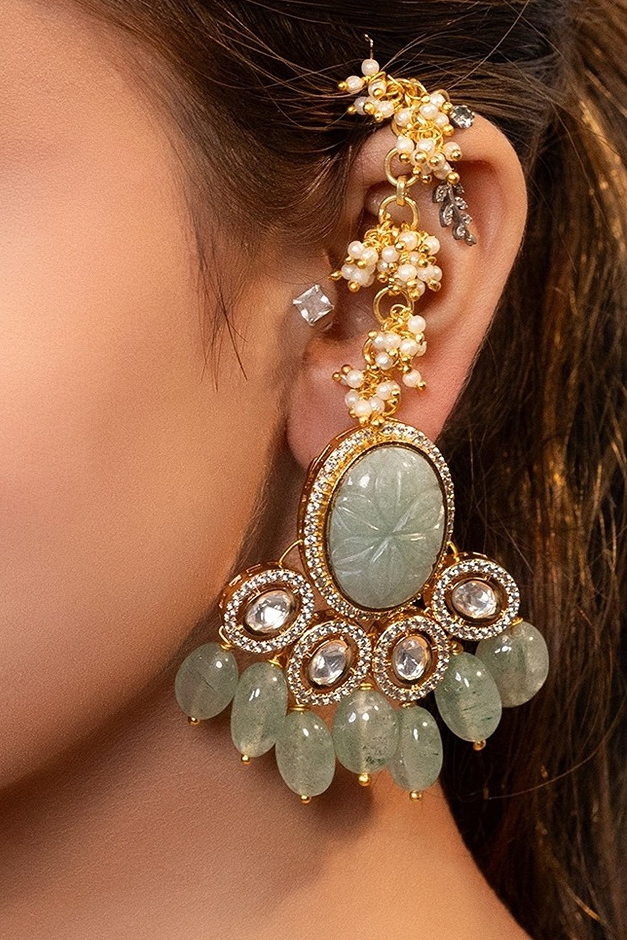 LE NENYA GOLD PLATED MOISSANITE AND GREEN PEARLS STUDDED EARRINGS