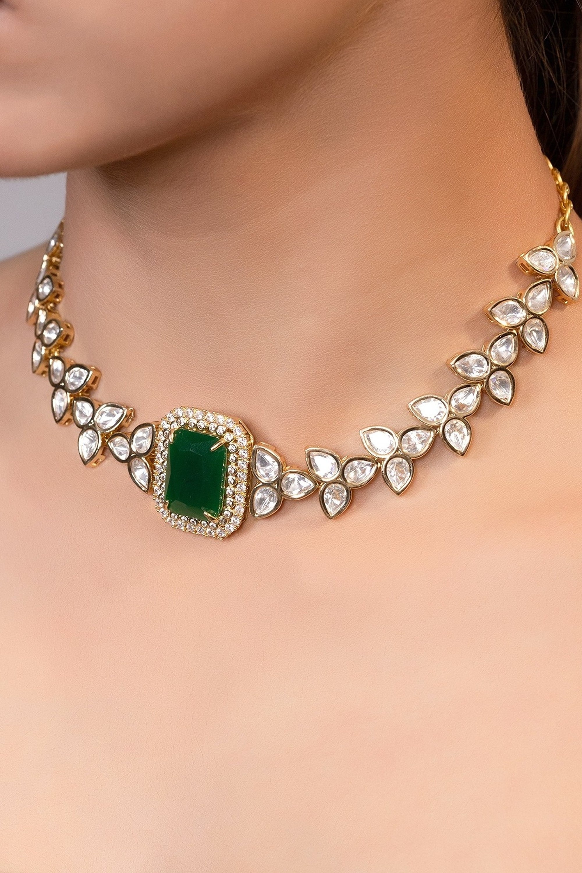 LE KEYA GOLD PLATED GREEN BEADS AND MOISSANITE STUDDED NECKLACE