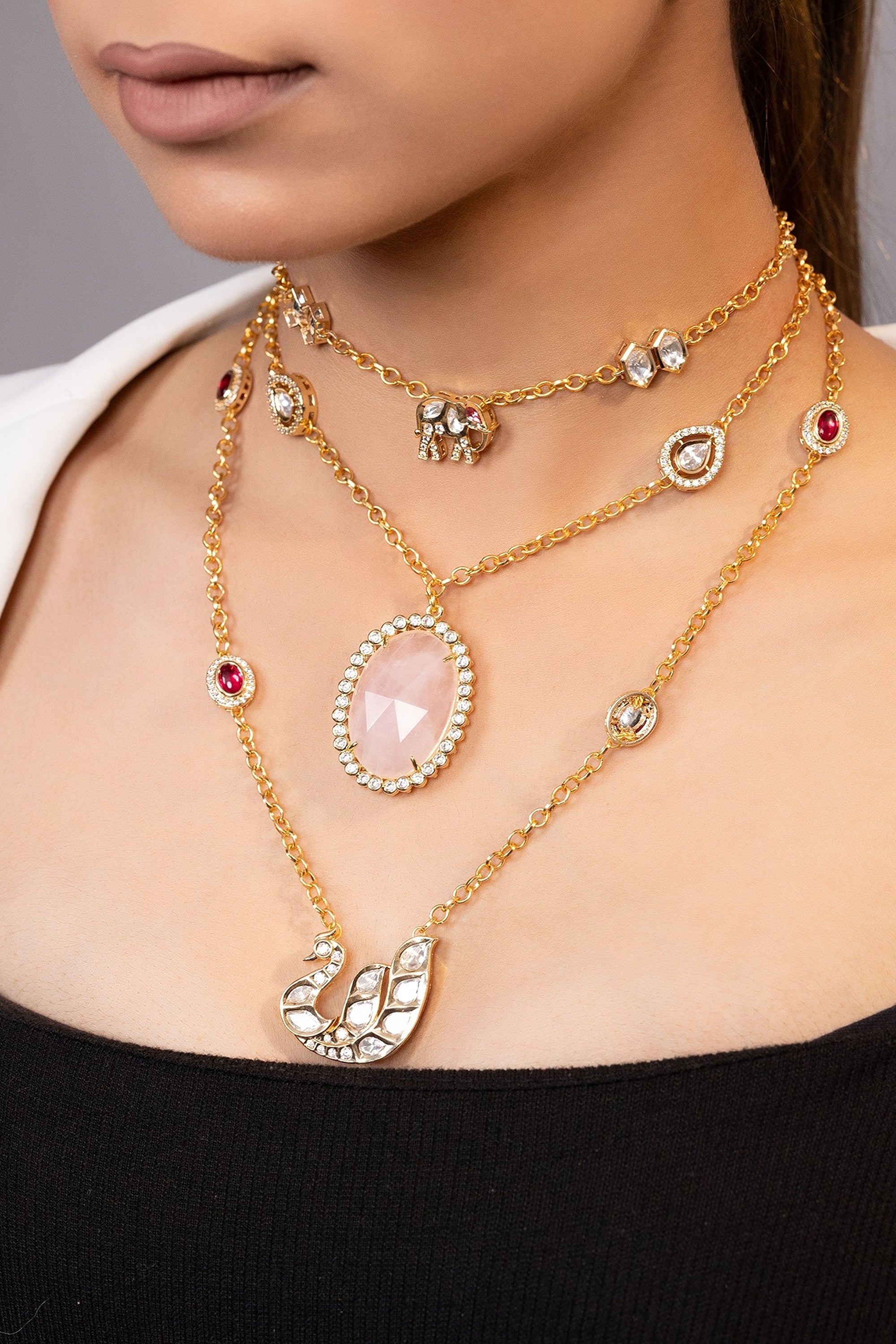 LE AVENA GOLD PLATED PINK BEADS AND MOISSANITE STUDDED NECKLACE