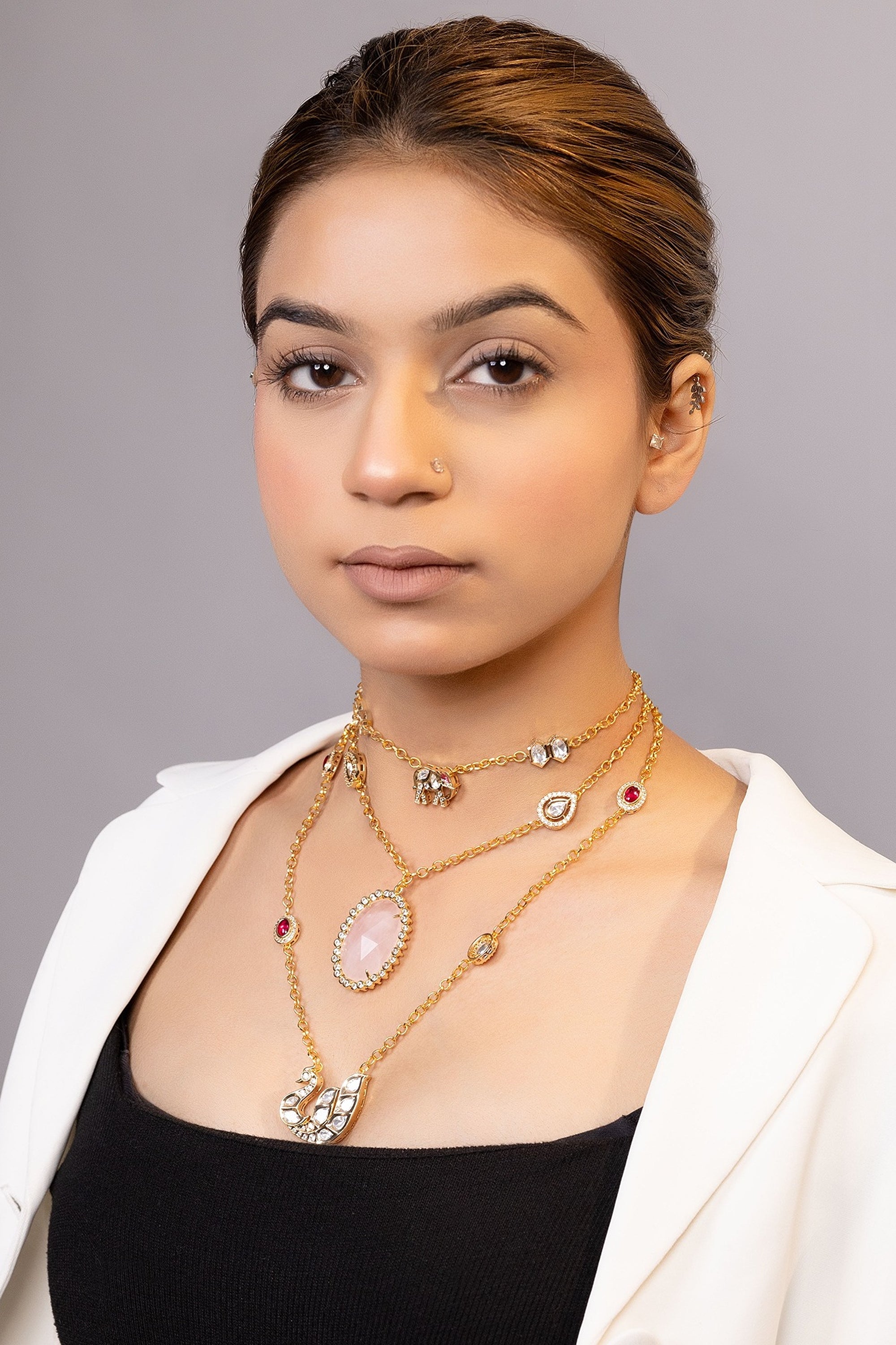 LE AVENA GOLD PLATED PINK BEADS AND MOISSANITE STUDDED NECKLACE