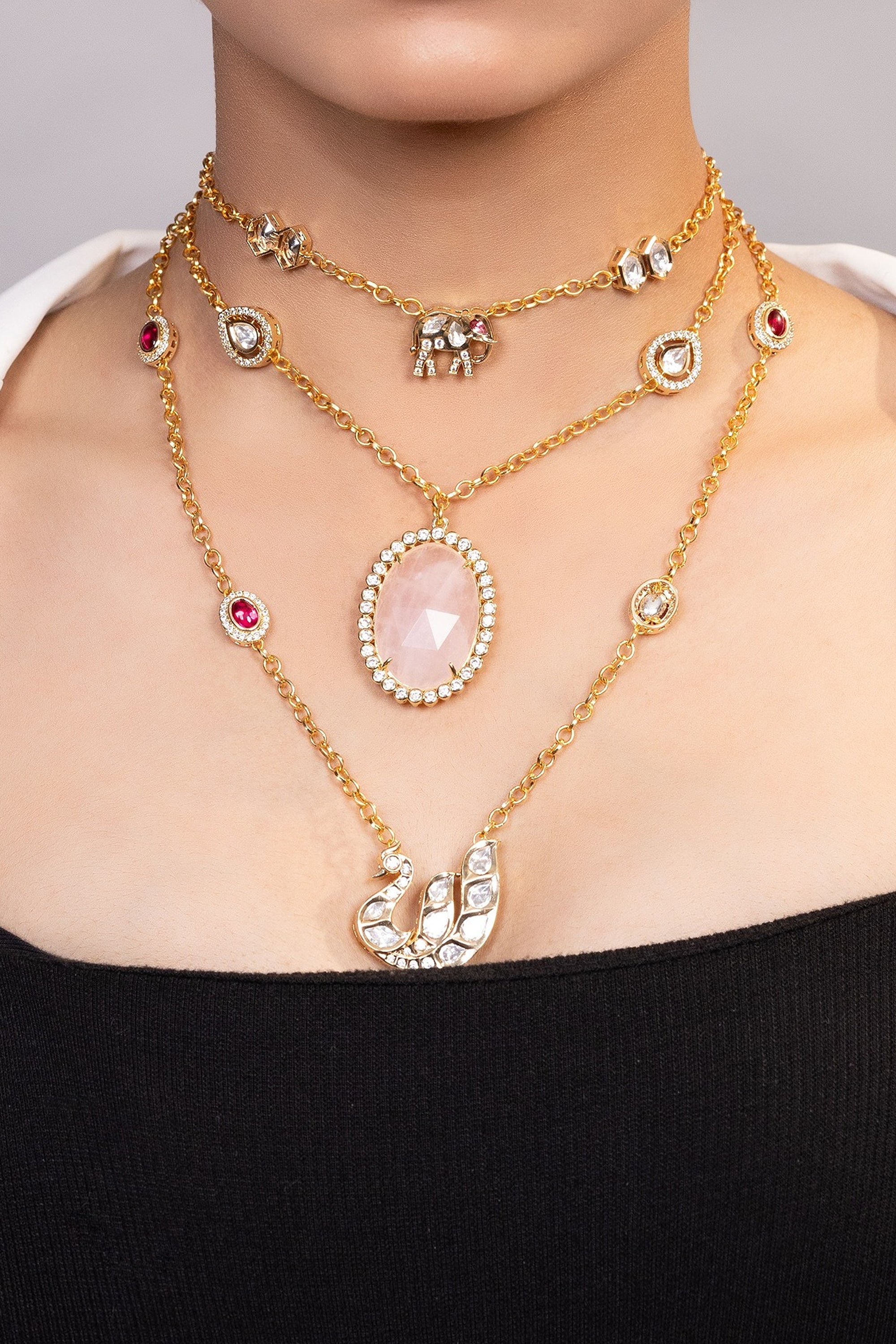 LE AVENA GOLD PLATED PINK BEADS AND MOISSANITE STUDDED NECKLACE