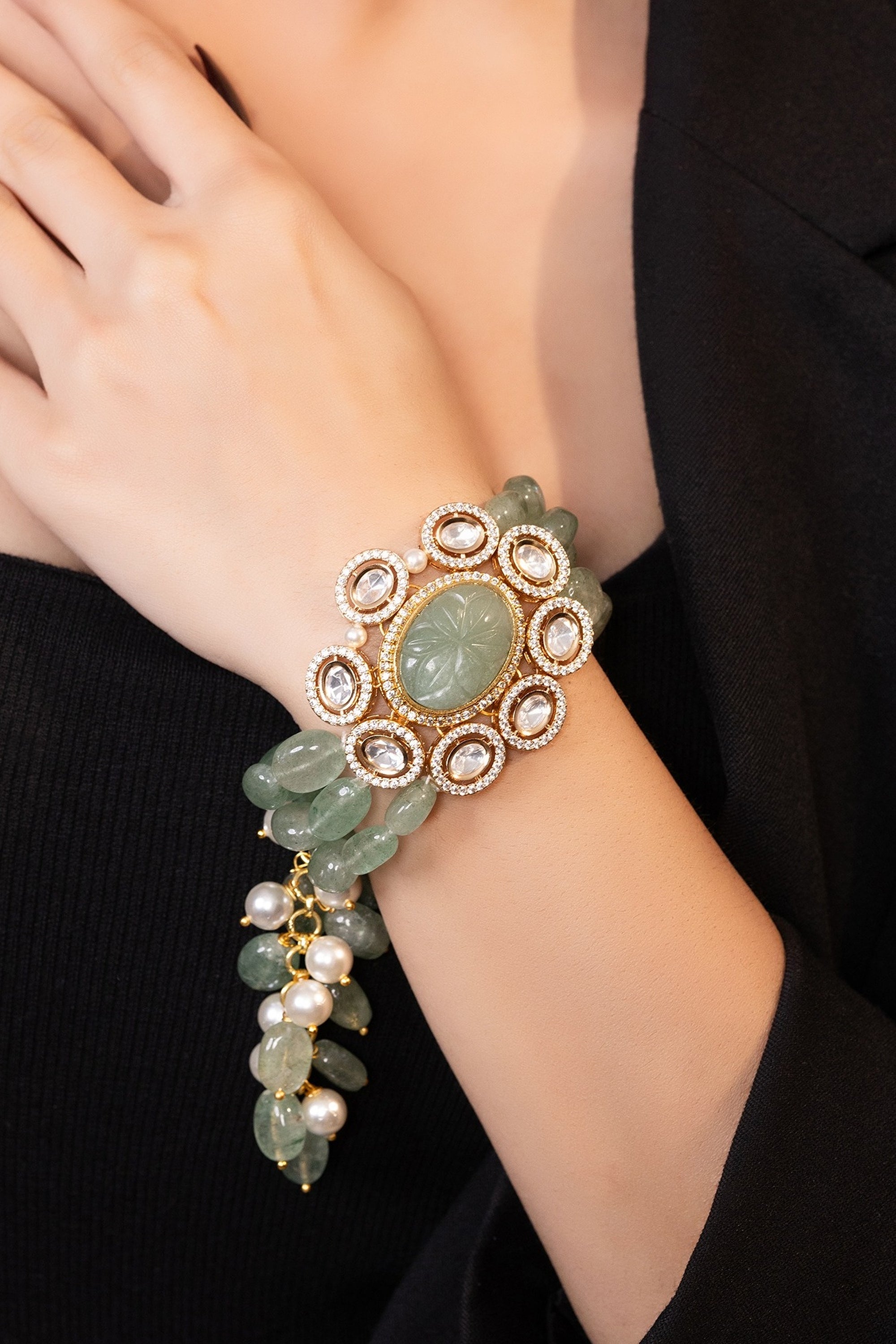 LE TIERAN GOLD PLATED GREEN BEADS AND MOISSANITE STUDDED BRACELET