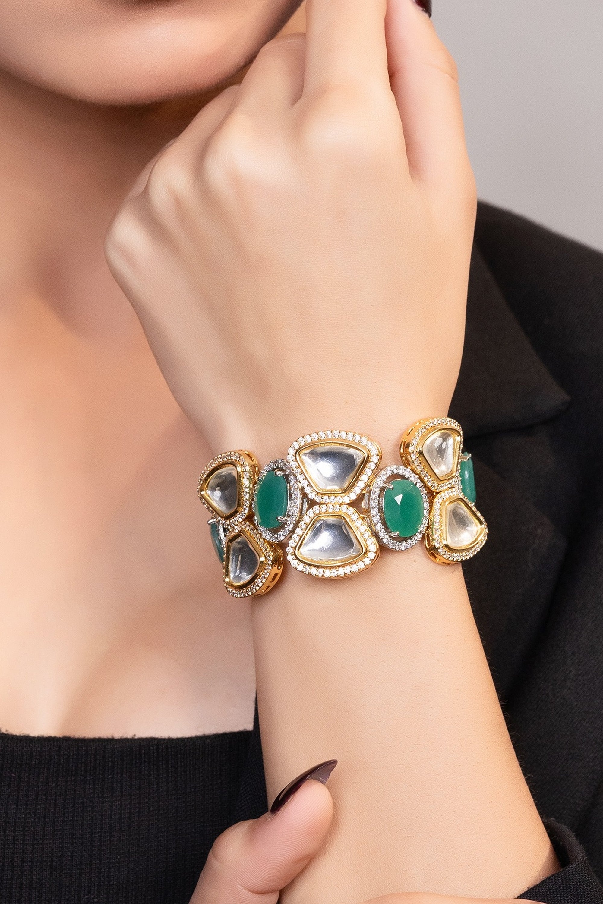 LE TIAGO GOLD PLATED GREEN BEADS AND MOISSANITE STUDDED BRACELET