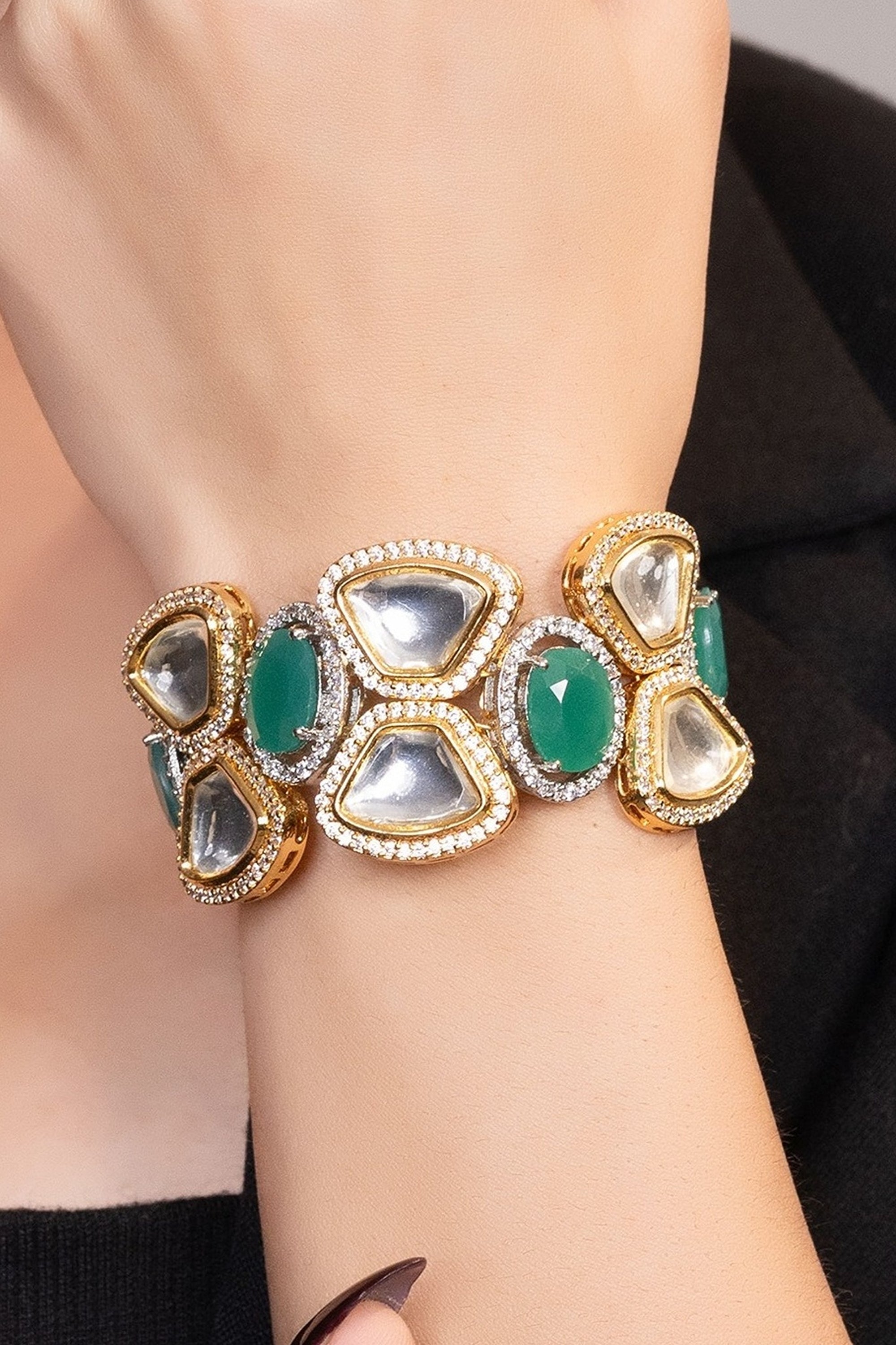 LE TIAGO GOLD PLATED GREEN BEADS AND MOISSANITE STUDDED BRACELET