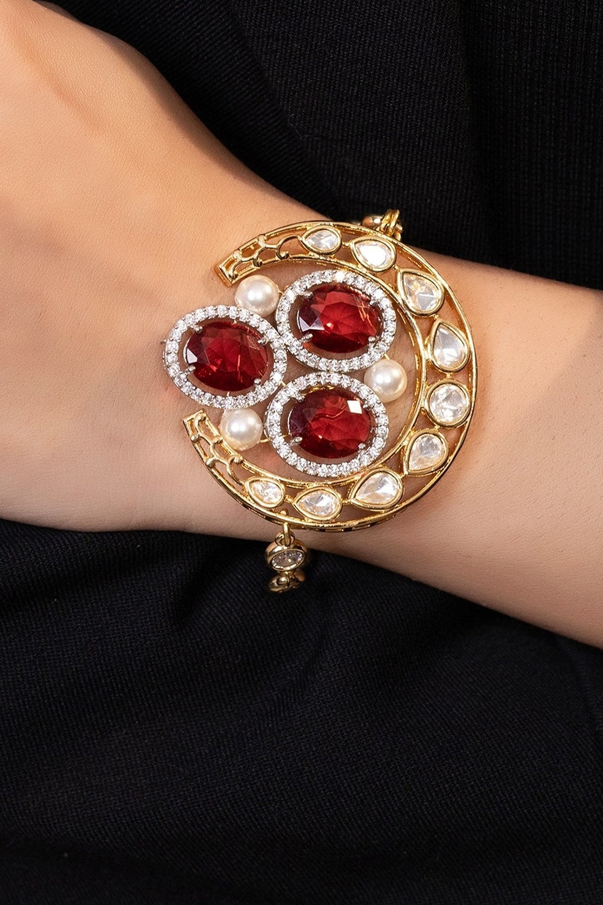 LE DIVA GOLD PLATED RED BEADS AND MOISSANITE STUDDED BRACELET
