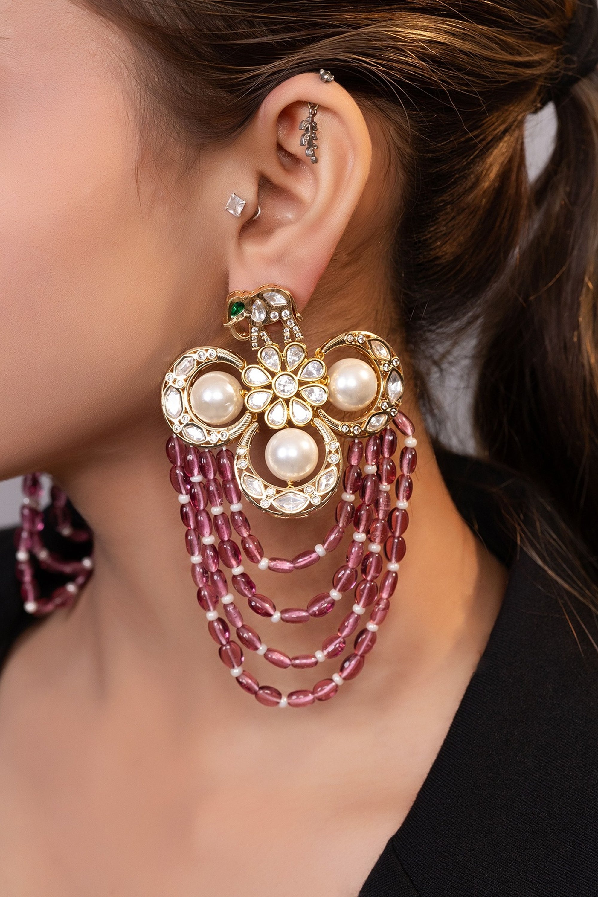 LE TAVISHI PINK PEARLS AND MOISSANITE STUDDED EARRINGS