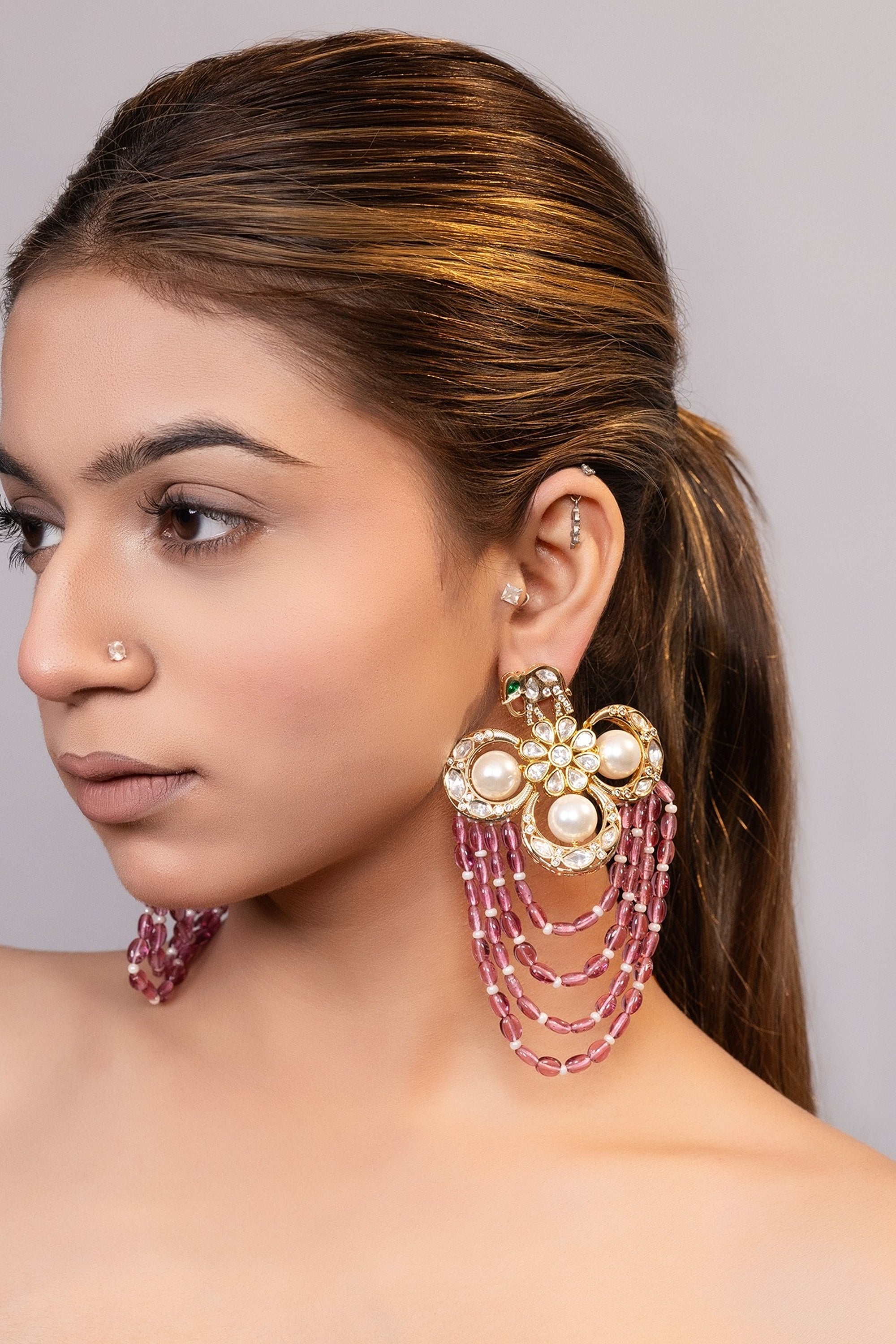 LE TAVISHI PINK PEARLS AND MOISSANITE STUDDED EARRINGS