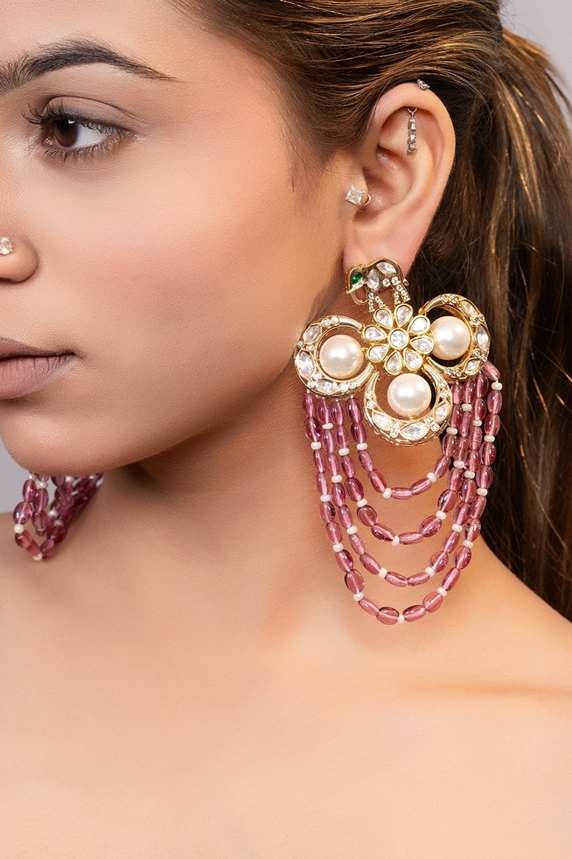 LE TAVISHI PINK PEARLS AND MOISSANITE STUDDED EARRINGS