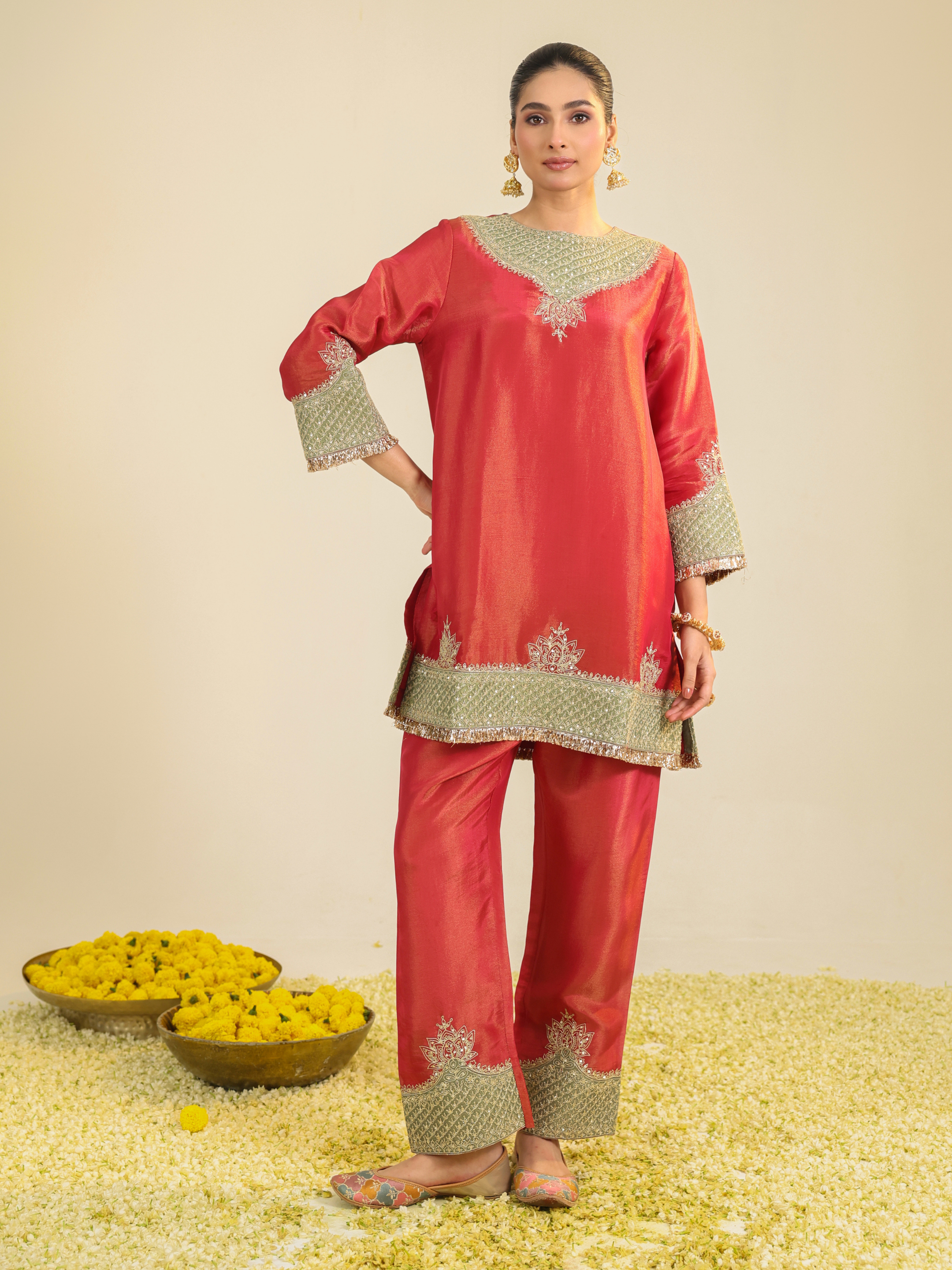 Red Divine Tissue Kurta Set