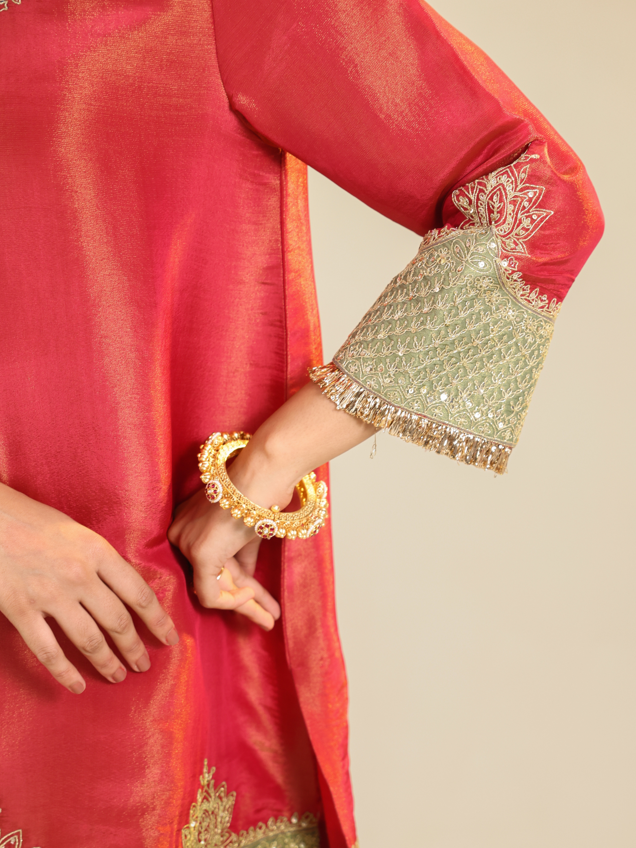 Red Divine Tissue Kurta Set